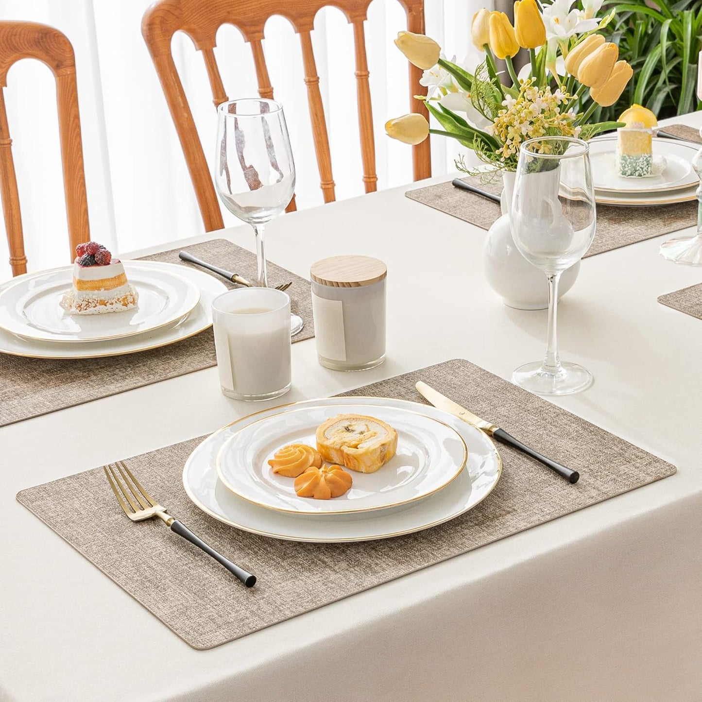 Romanstile Vinyl Placemats Set of 12-12 X 18 Inch - Heat Resistant Place Mats 100% Waterproof Oilproof Wipeable Reversible Faux Leather Table Mats for Kitchen/Dining/Party/Outdoor, Khaki