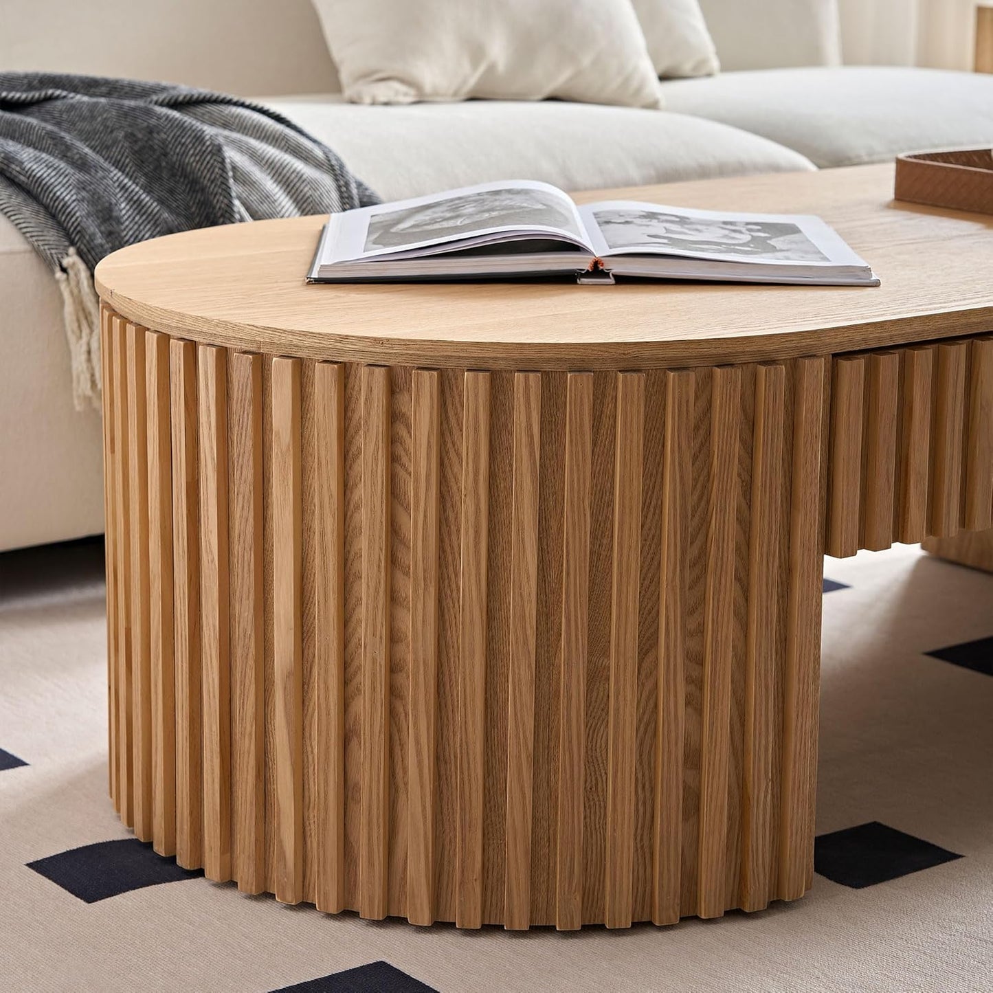 51.18'' Oval Coffee Table for Living Room Fluted Center Table with Drawer, Mid Century Modern Coffee Tables, Easy Assembly for Office Storage Tea Table Oak