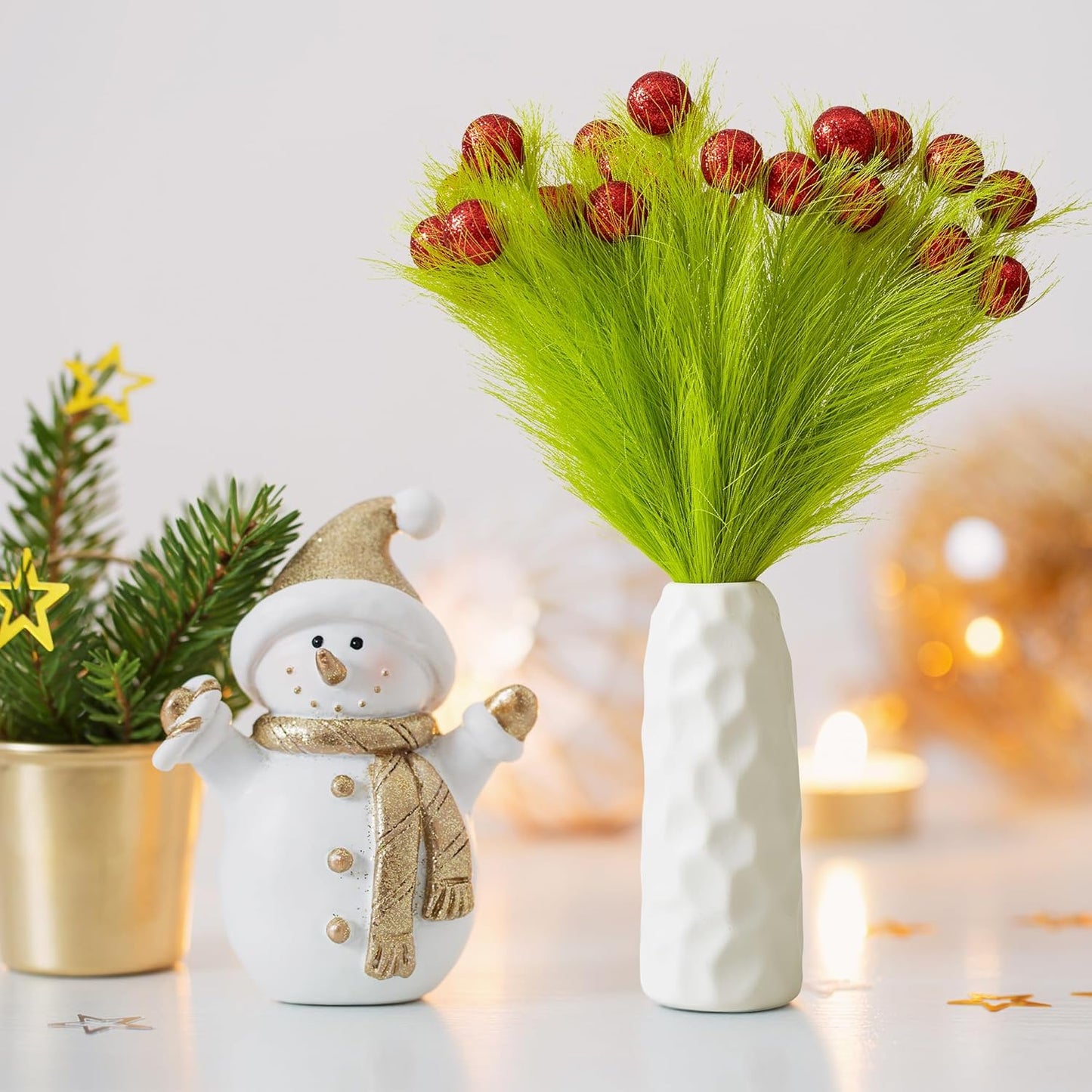 10 Pcs Christmas Tree Topper - 17" Christmas Tree Picks and Sprays Lime Green Curly Stems with Red Ball Artificial Xmas Decorations for Vase Fillers Wreath Home Party Holiday Docor