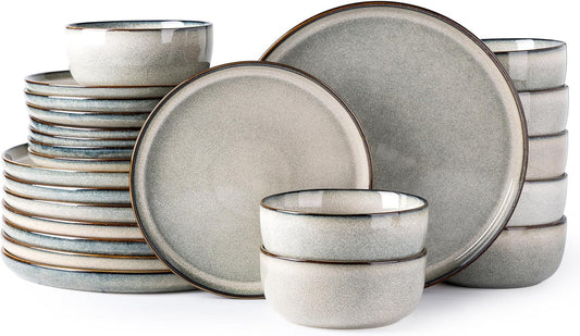 GBHOME Ceramic Dinnerware Sets for 8, 24 Pieces Stoneware Plates and Bowls Sets, Scratch Resistant Dishes, Dishwasher & Microwave Safe, Reactive Glaze-Green Wheat