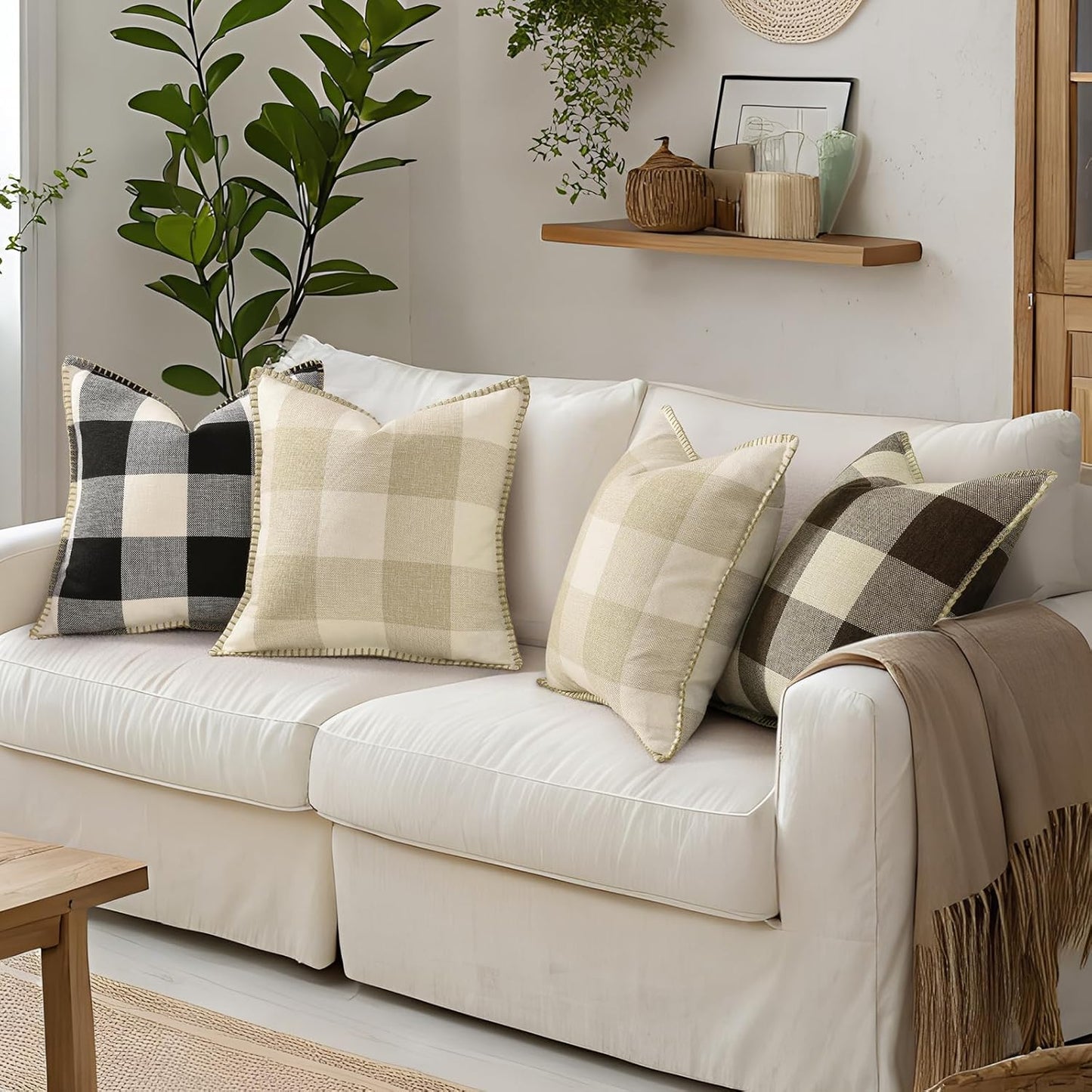 decorUhome Buffalo Plaid Check Throw Pillow Covers 24x24 Set of 2, Outdoor Decorative Farmhouse Neutral Pillow Covers with Stitched Edge for Bed Couch Sofa, Black and White