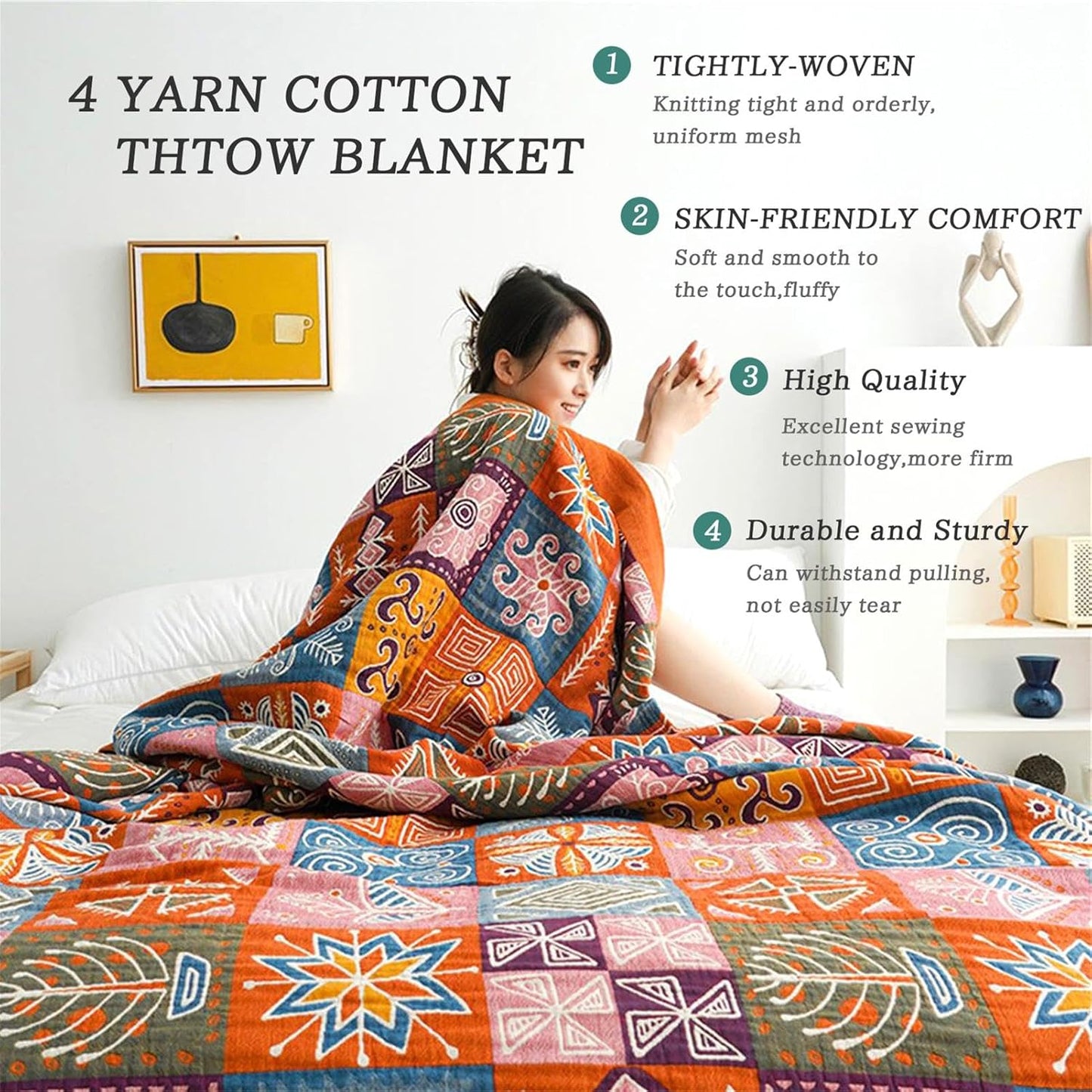 Christmas Cotton Throw Blanket for Couch Bed 60''x80'',Cotton Quilt Boho Throw Blanket Muslin Bed Travel Blanket Vintage Soft Cozy Checkered Blankets Gift for Women