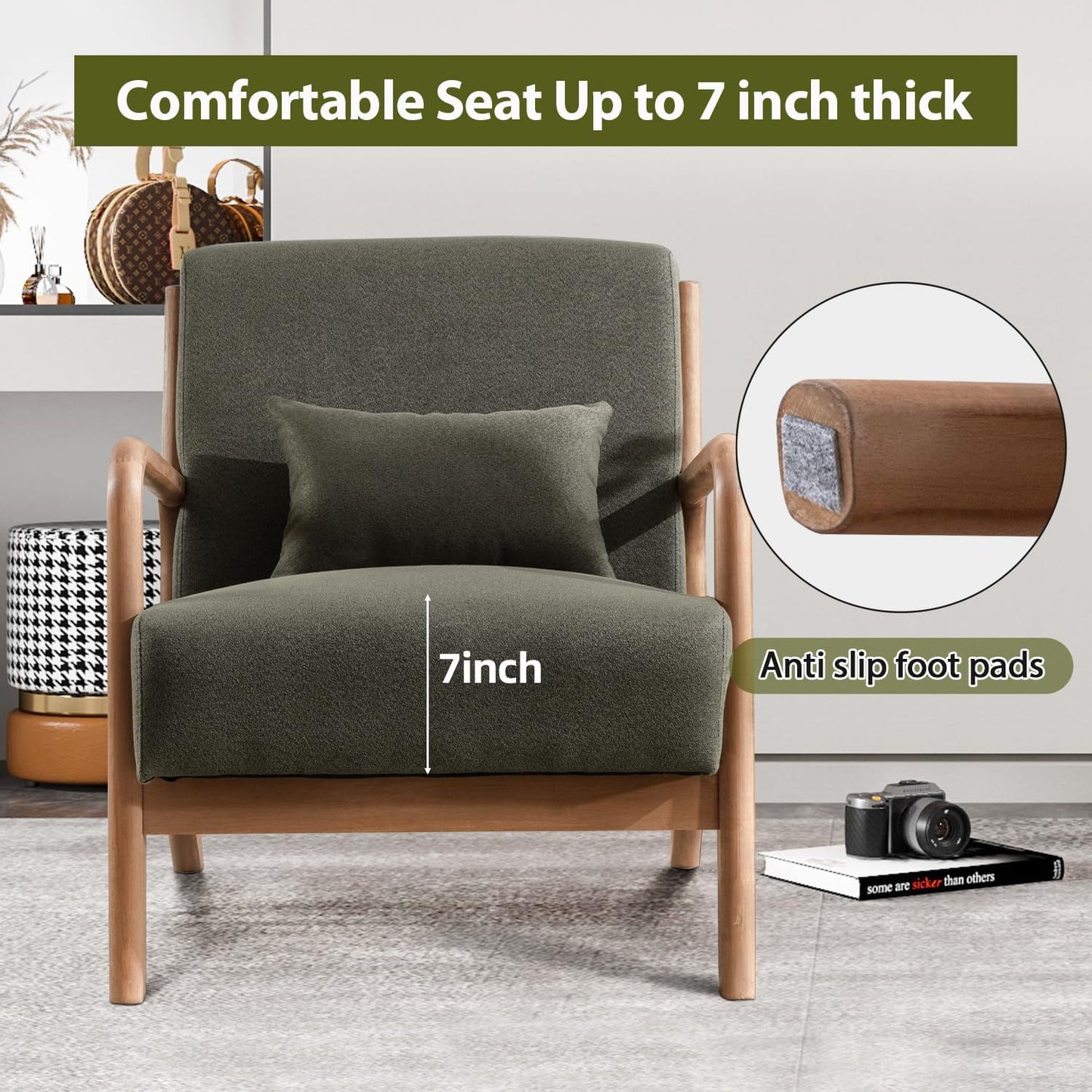 INZOY Mid-Century Modern Accent Chair Set of 2, Green Living Room Chairs with Waist Cushion, Upholstered Reading Armchair for Bedroom Sunroom