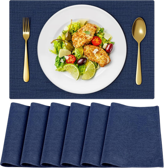 Cloth Placemats, Set of 6 Heat-Resistant Cotton Linen Blend Double Layered Machine Washable Place Mats, Wrinkle Free Thick Fabric Dining Table Mats for Indoors & Outdoors (Navy Blue, 6)