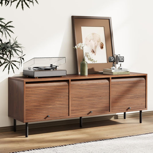 59 Inch TV Stand with Power Outlet for TVs up to 65 Inch, Entertainment Center with Storage, Mid-Century Modern TV Console, Adjustable Shelf & Sliding Doors, TV Stand for Living Room, Bedroom, Walnut