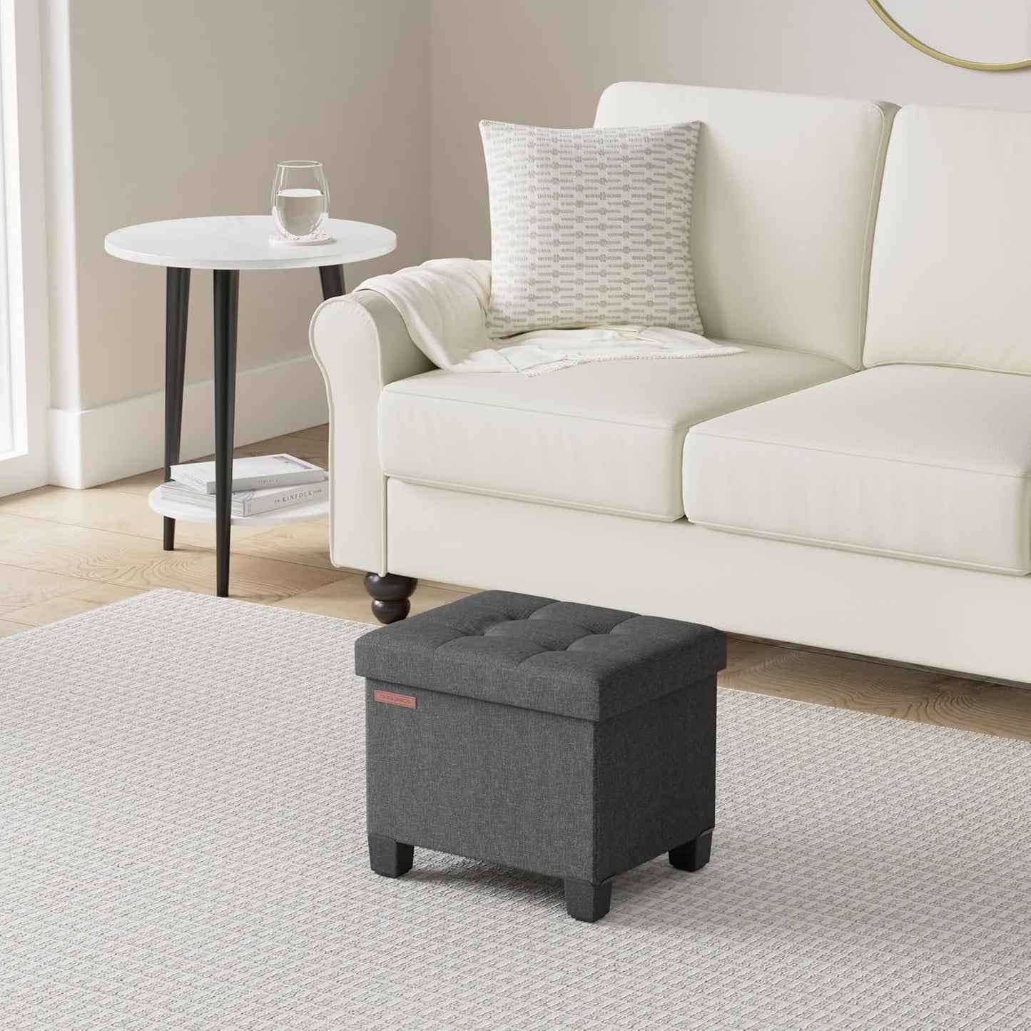 SONGMICS Storage Ottoman, Small Ottoman Foot Rest with Legs, 12.6 x 15.8 x 13.2 Inches Foot Stool, Load up to 660 lb, for Living Room, Bedroom, Dorm, Ink Black ULSF012B01