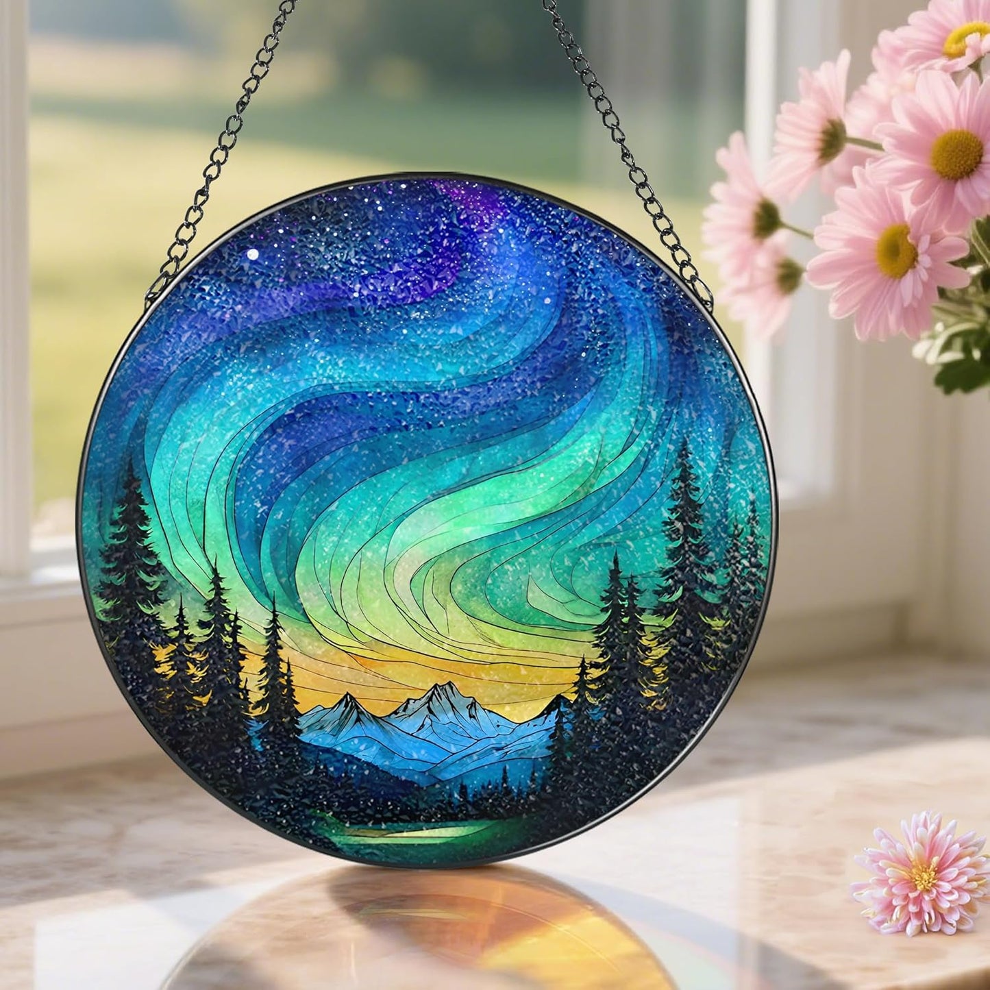 Stained Glass Window Hanging - 8 Inch Northern Lights Suncatcher for Window Doors Home Decoration, Valentine's Day Mother's Day Christmas Birthday Gifts for Women, Men, and Mom Grandma