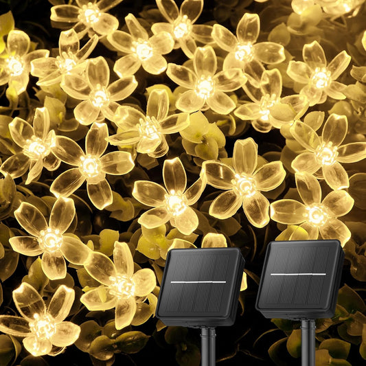Brightown 2 Pack Total 52FT 120 LED Solar String Lights Flower Outdoor Waterproof Fairy Lights for Garden Yard Fence Patio Christmas Tree Wedding Party Decor, Warm White