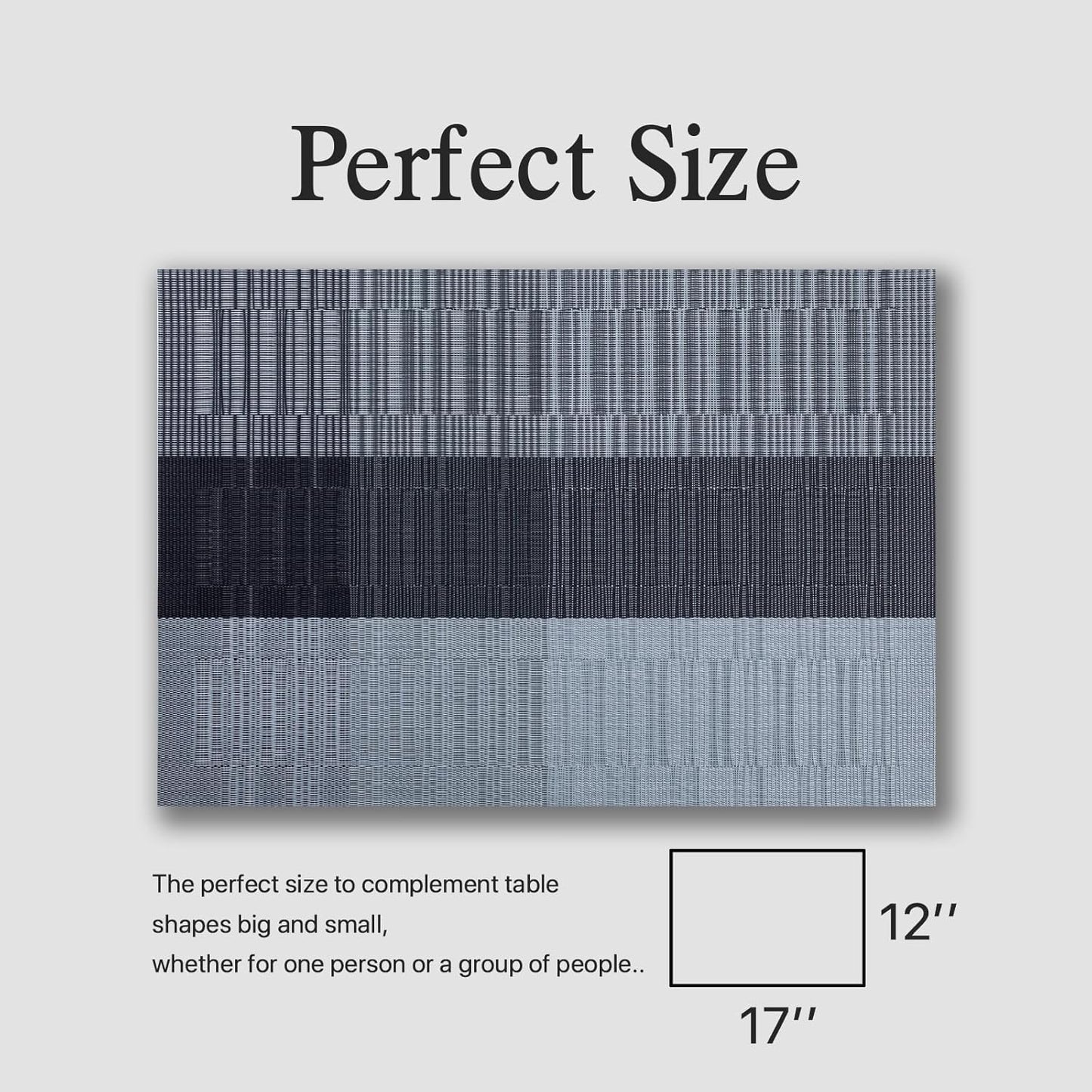 Placemats Set of 6 - Easy Clean Woven Vinyl Placemats for Dining Table, Indoor/Outdoor Place Mats, Washable PVC Table Mats （Silver Gray Black）