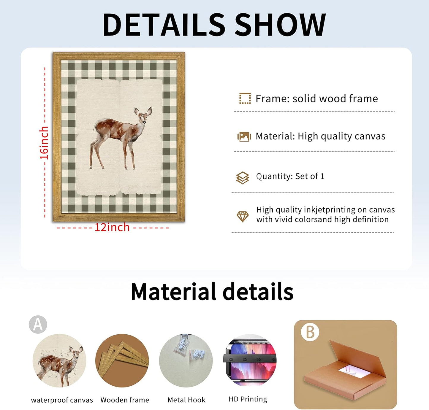 Wood Framed Deer Wall Art Print, Woodland Baby Deer Canvas Poster Wall Decor, Vintage Rustic Green Gingham Farmhouse Animal Picture for Living Room Kitchen Bedroom Nursery Decor, 12x16 inch