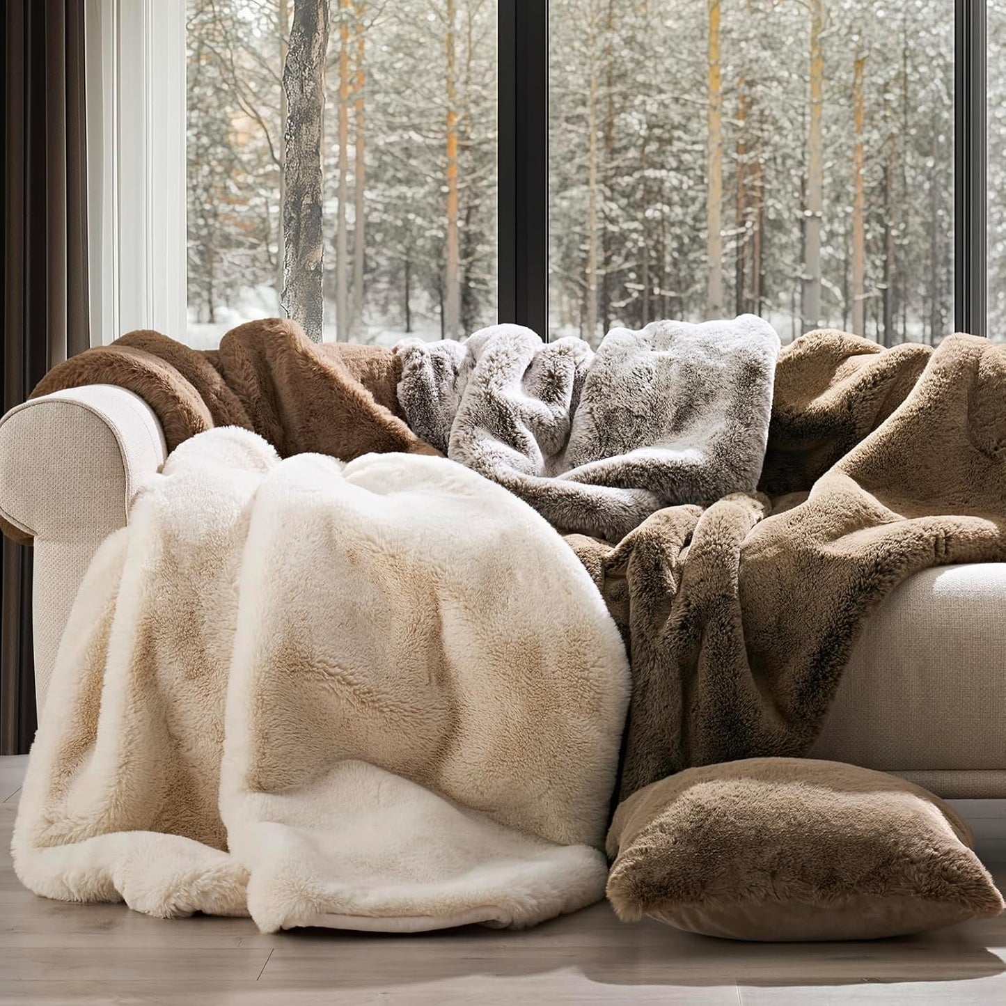 Luxury Soft Faux Chinchilla Fur Throw Blanket for Couch, Warm Thick Heavy Winter Throw Blanket 1220GSM for Bed, Fluffy Cozy Mink Blanket with Reversible Velvet, Champagne Fawn, 60"x80"