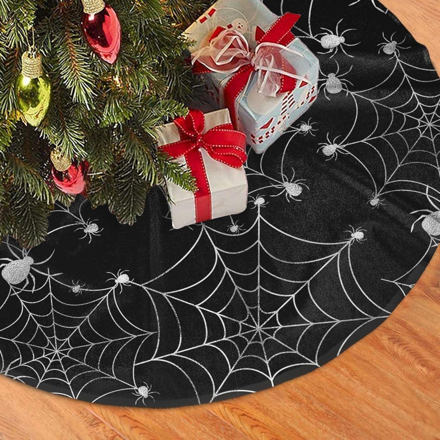 Christmas Tree Skirt,Sliver Spider Web Xmas Tree Skirt Rustic Farmhouse Tree Skirt for Christmas Decor Xmas Holiday Home Party Decorations48