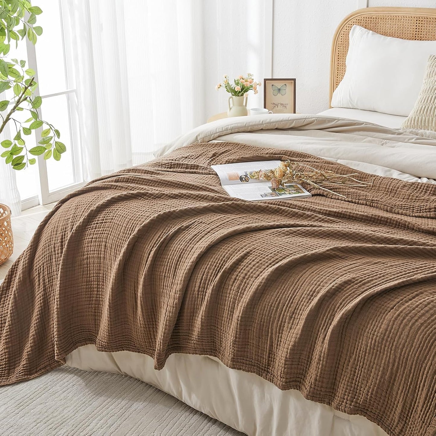 EMME Cotton Muslin Queen Blanket Bed Layering Breathable Gauze Blanket Soft Lightweight Blankets Adults (Brown, 90"x90")