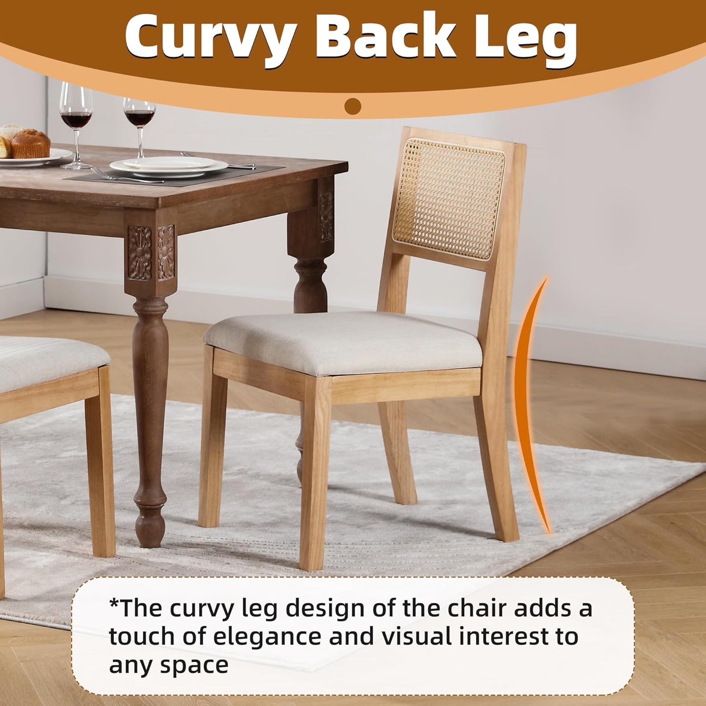 Westice Rattan Dining Chairs Set of 4, Farmhouse Natural Dining Room Chairs with Upholstered Cushion, Wood Armless Chairs for Kitchen/Restaurant