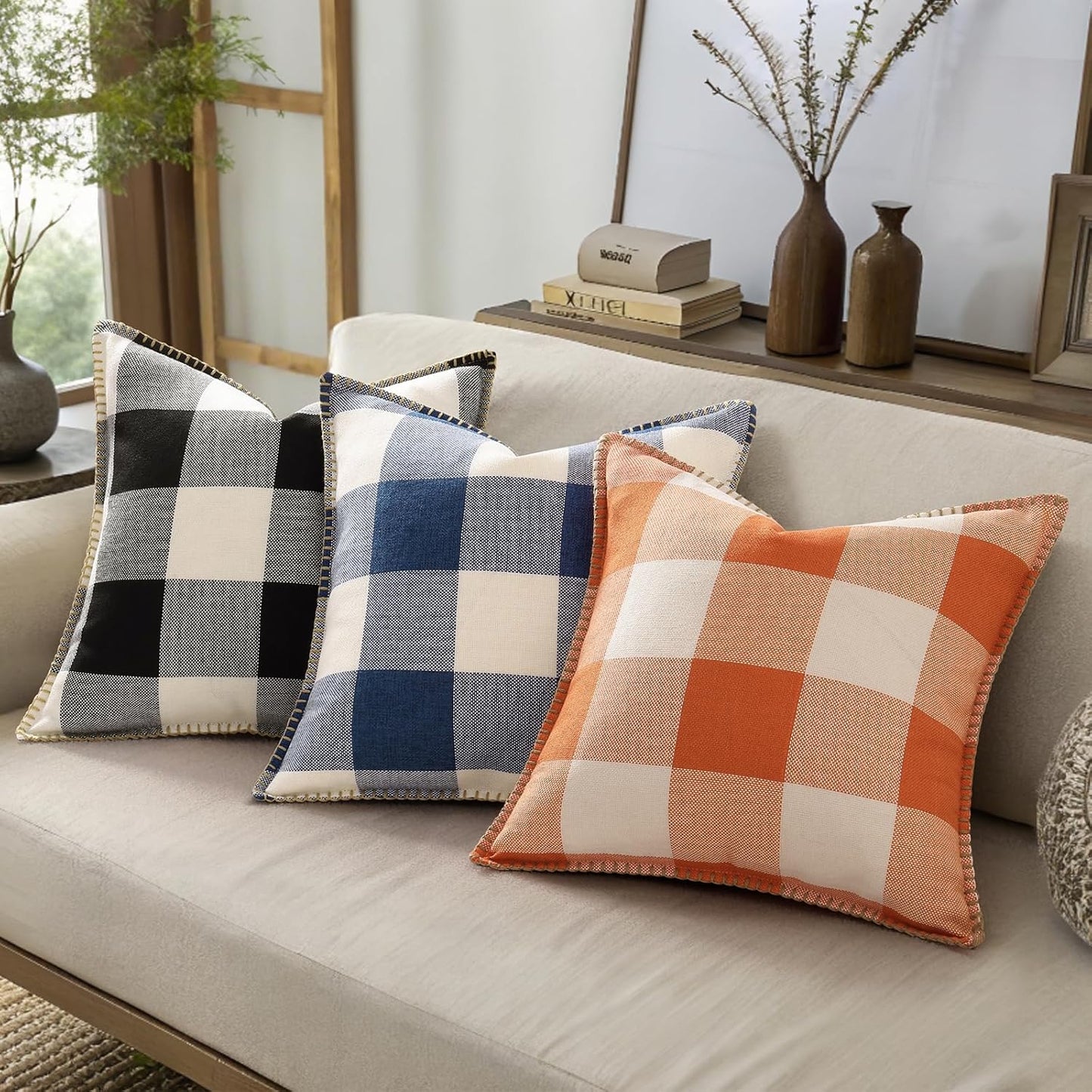 decorUhome Buffalo Plaid Check Throw Pillow Covers 12x20 Set of 2, Outdoor Lumbar Decorative Farmhouse Neutral Pillow Covers with Stitched Edge for Bed Couch Sofa, Navy Blue and White