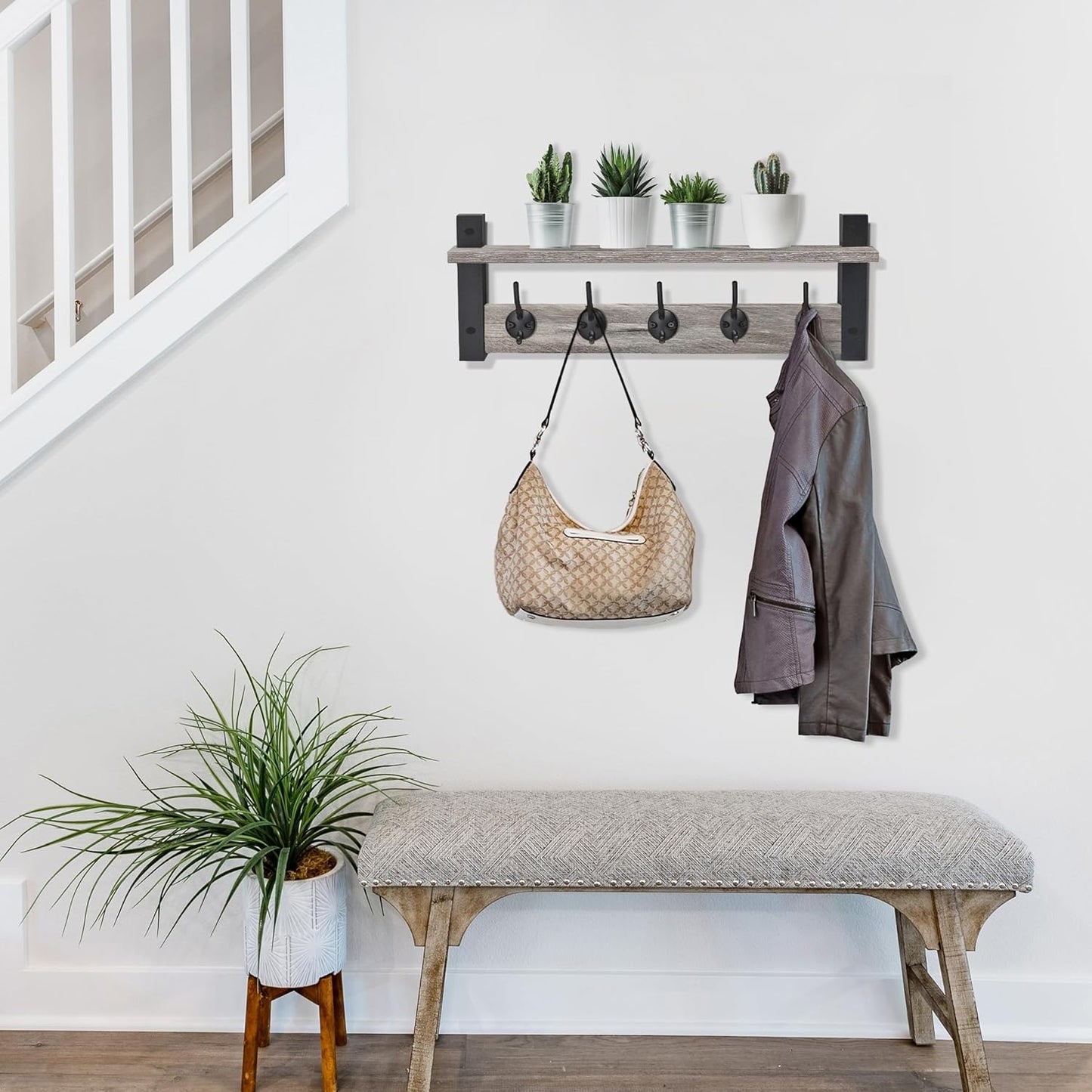 Sorbus Coat Hooks Wall Mount with Shelf – 24 Inch Coat Rack Wall Mount with 5 Heavy Duty Hooks – Floating Wall Shelf with Hooks for Entryway, Bathroom, Bedroom, Kitchen, or Mudroom (Gray)