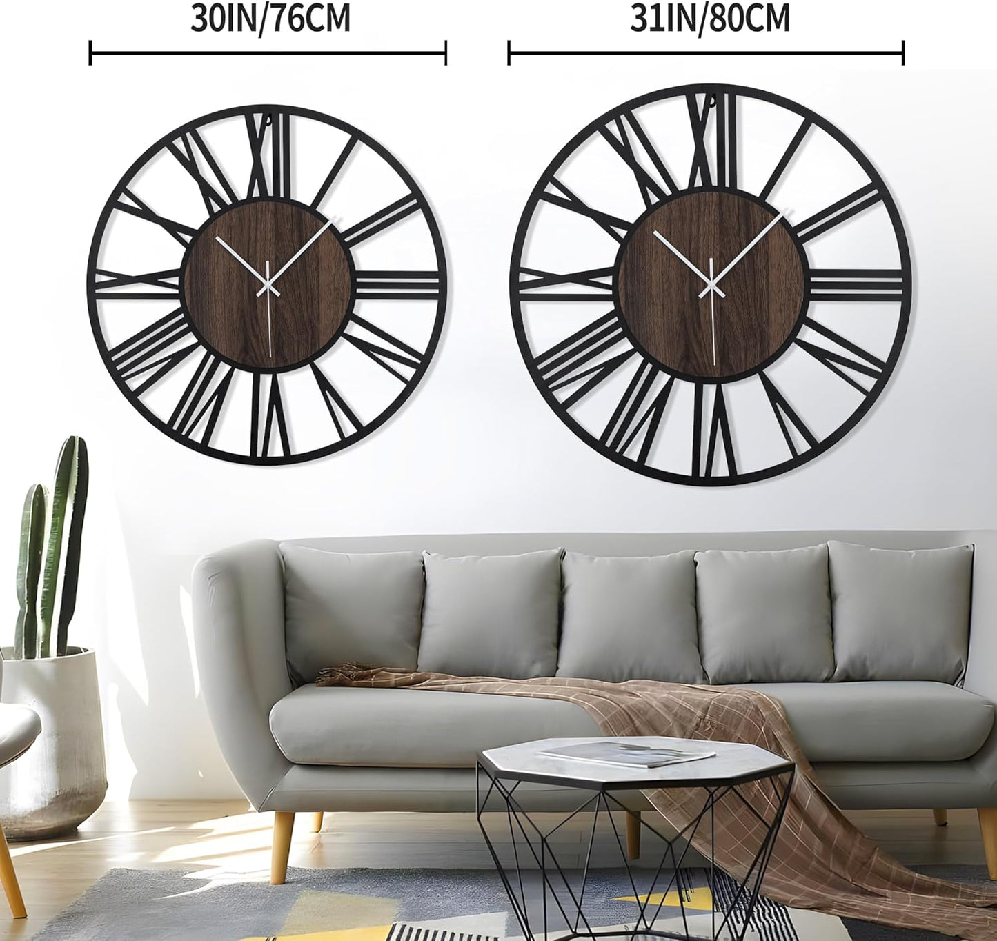LEIKE 30" Oversized Large Wall Clocks,Silent,Non Ticking,Battery Operated Modern Round Big Wood Decorative Metal Wall Clock for Living Room, Bedroom,Kitchen,Farmhouse,Office Decor - Black,30 Inch