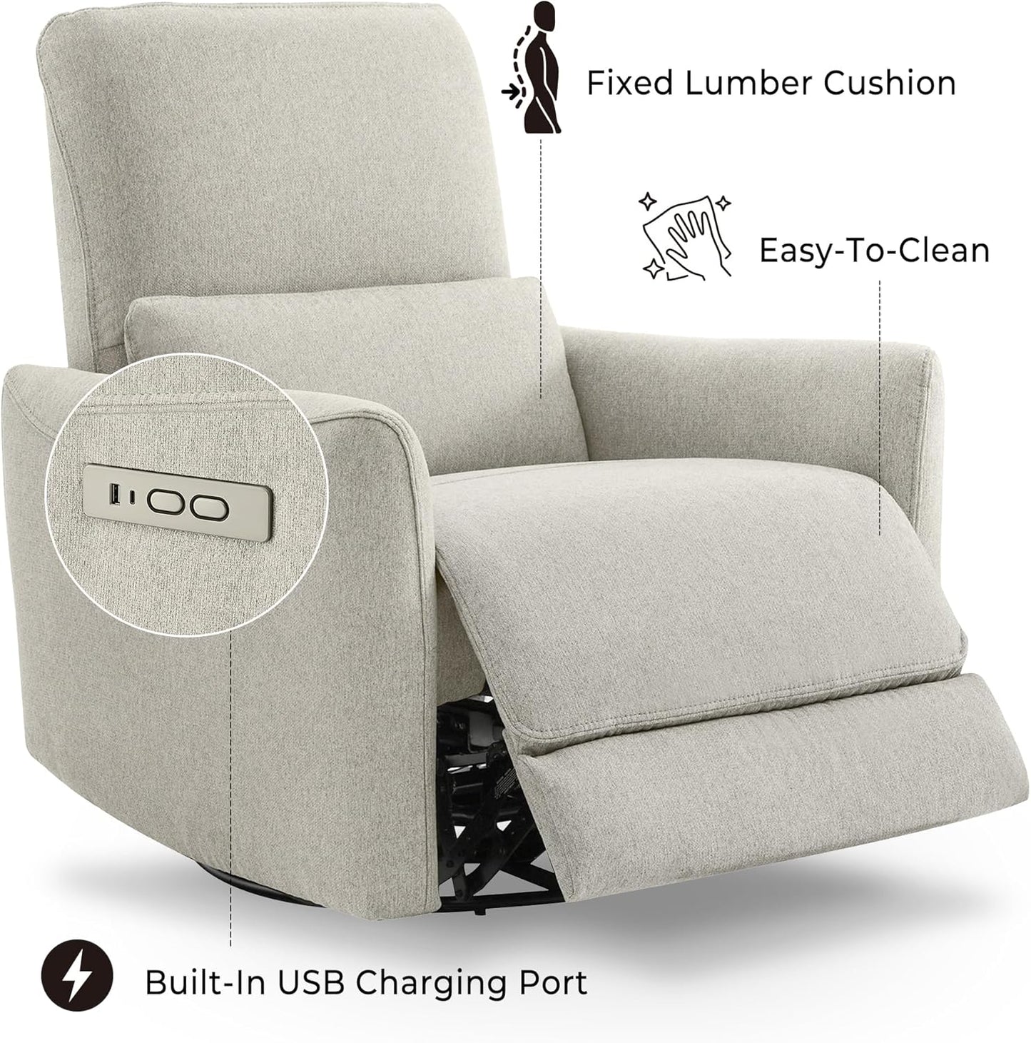 CHITA Power Recliner Chair Swivel Glider, FSC Certified Fabric Living Room Nursery Reclining Sofa Chair with Lumbar Support, Dove Grey