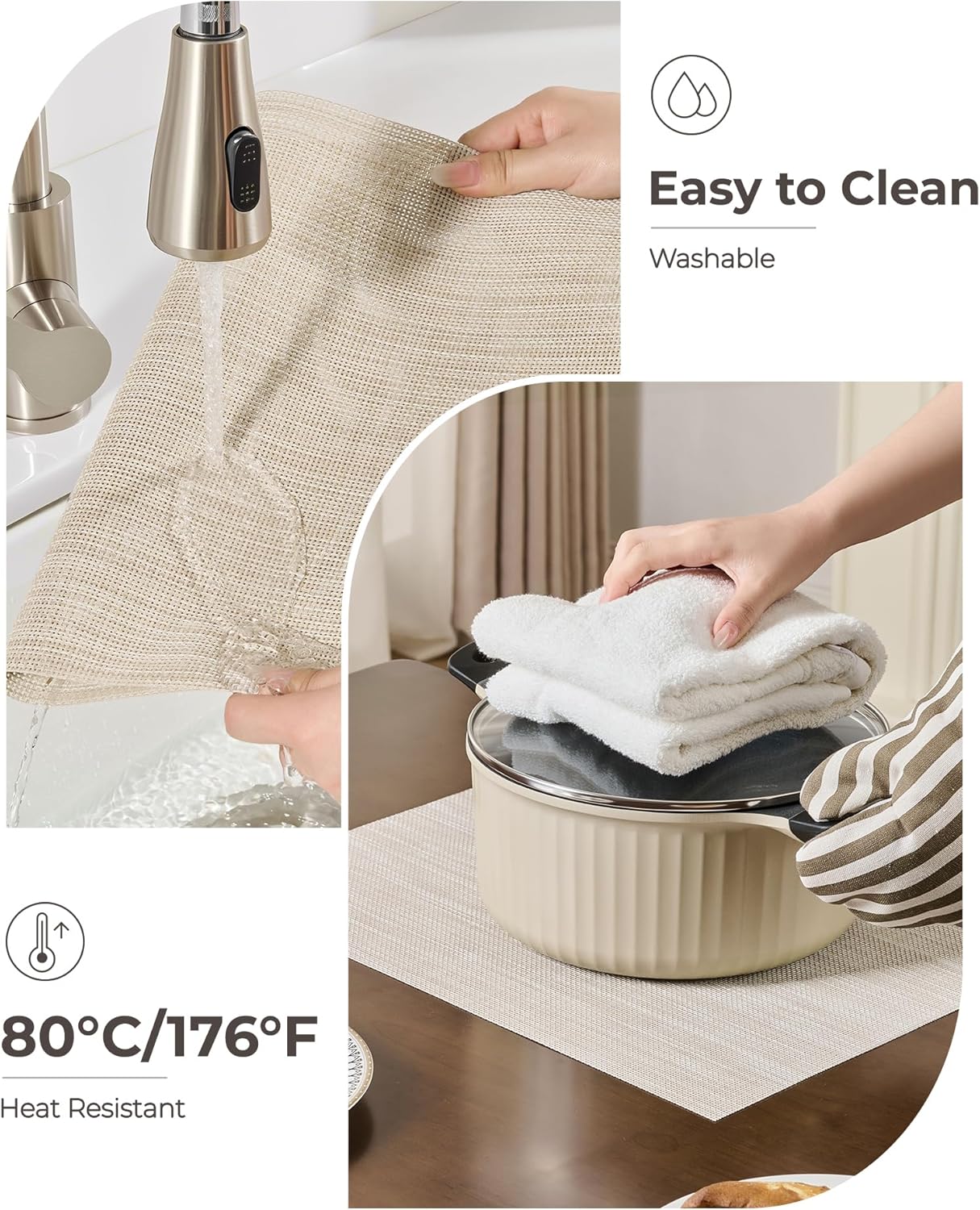 Leetaltree Beige White Placemats Set of 6 - Heat Resistant Non-Slip Place mats for Dining Table, Washable Durable PVC Vinyl Woven Table Mats（Beige White, 6）