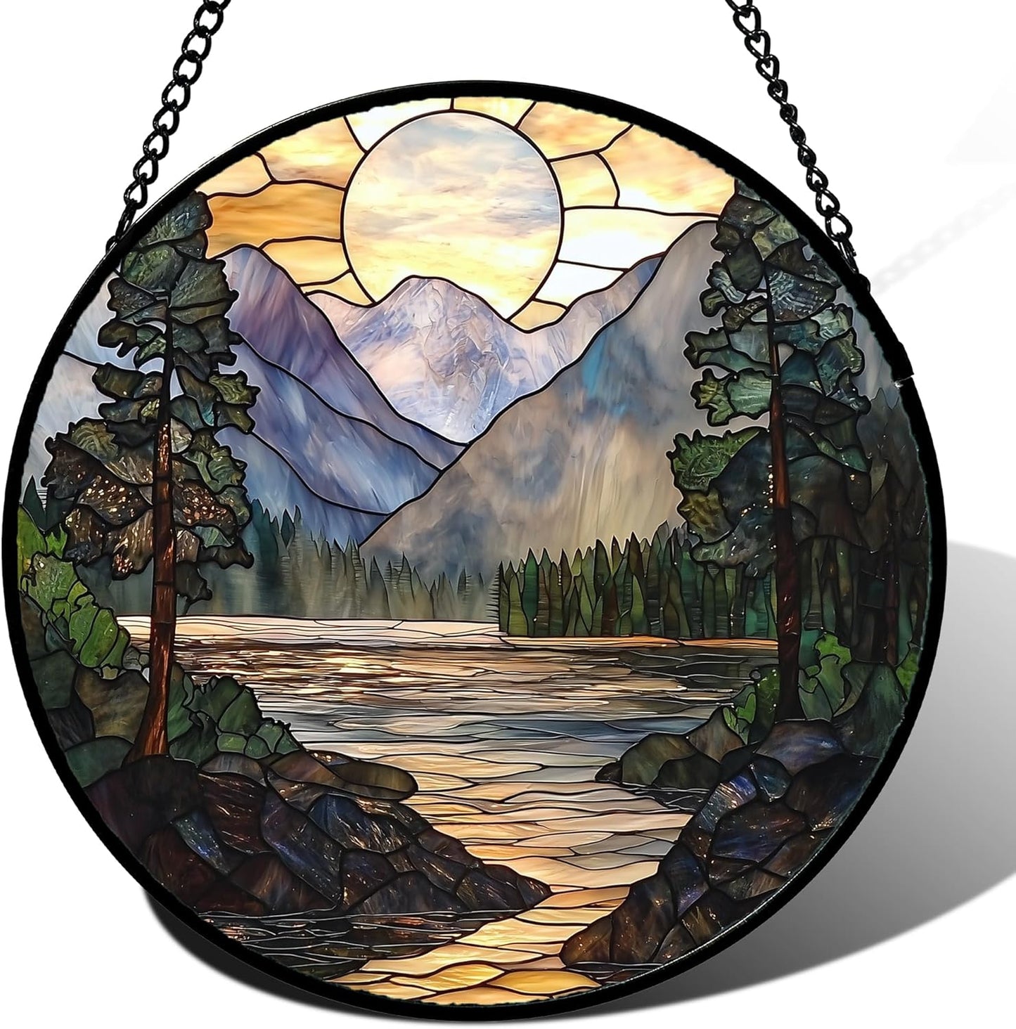 Stained Glass Window Hanging, Sunset Mountains Lake Tree Sun Catcher for Window Home Decor Landscape Suncatcher Mother's Day Birthday Gifts for Women Men Mom and Nana 9.8 in