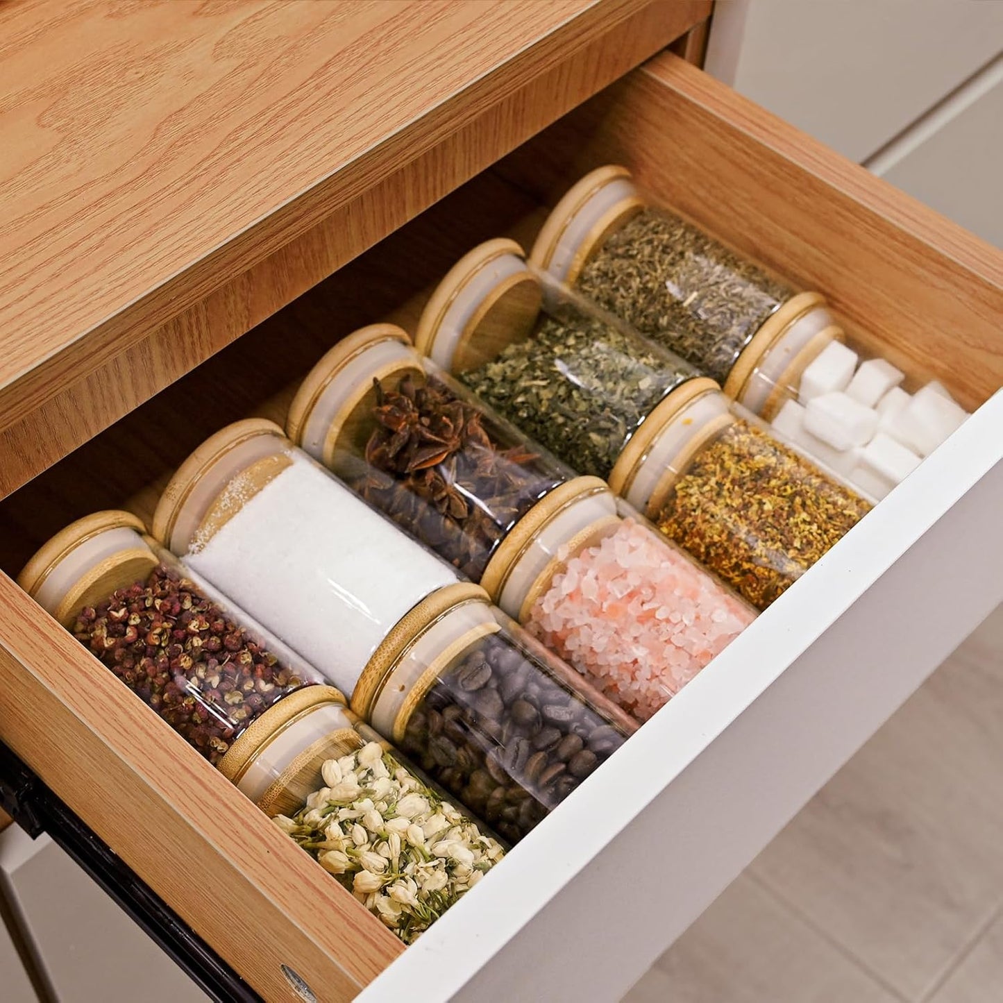 6oz Glass Food Storage Jars, Glass Jars with Bamboo Lids, Kitchen Storage Jars, Set of 6, Canisters with Airtight Lids for Spice, Coffee, Cookie, Pantry Organizers