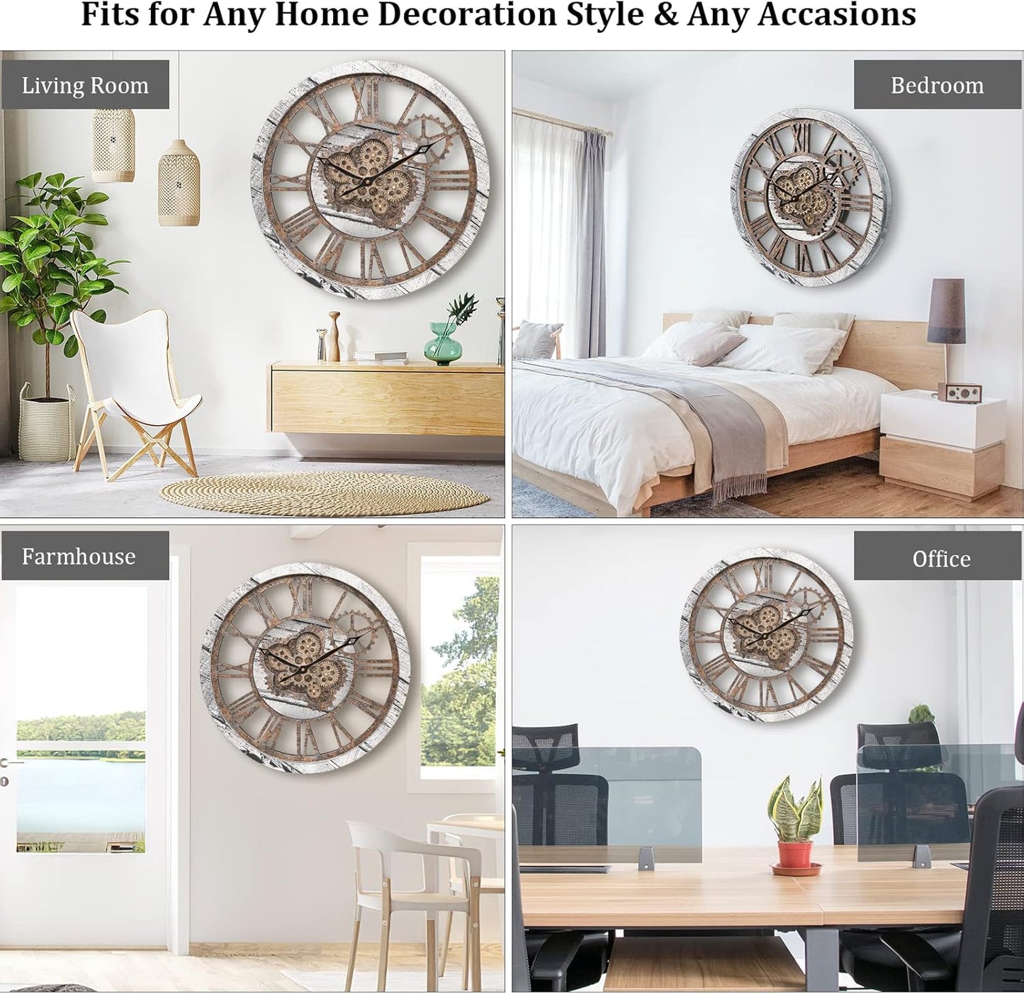 HOIBAI Large Wall Clock, 20 Inch Wall Clocks for Living Room Decor Farmhouse Vintage Rustic Kitchen Wall Decor Vintage Roman Big Oversized Wall Clock for Home Bedroom House Office, Moving Gears Clock