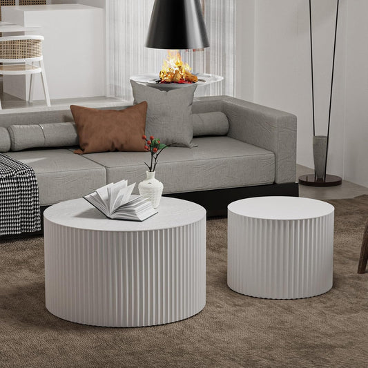 Round Nesting Coffee Table Set of 2 Handcraft Circle Fluted Nesting Coffee Tables Circular Side Table Drum Accent End Tables for Living Room Bedroom (White A Large)