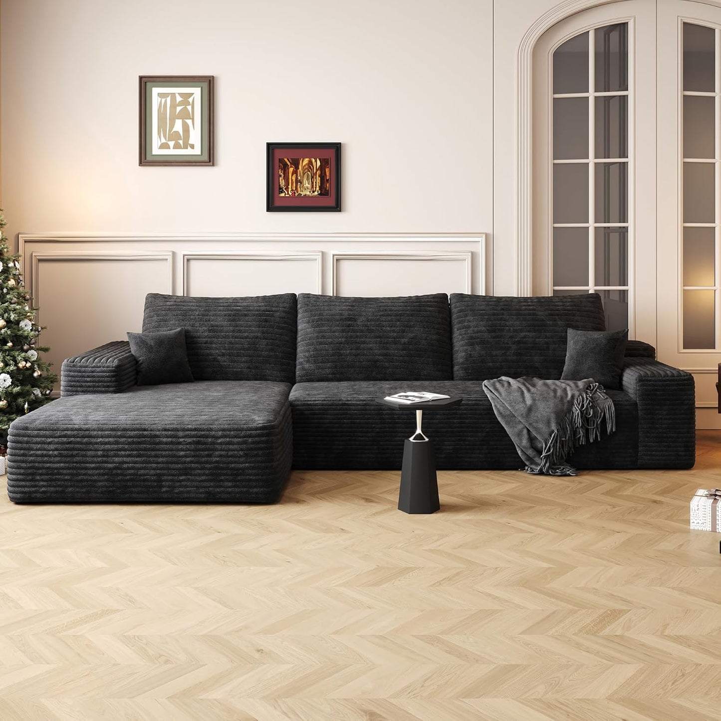 108" Sectional Couches for Living Room Modern Modular Sofa with L-Shape Couchs Upholstered Boneless Couch Deep Seat Sectional Couch with Chaise (Black, Left Facing Chaise+2Seaters)
