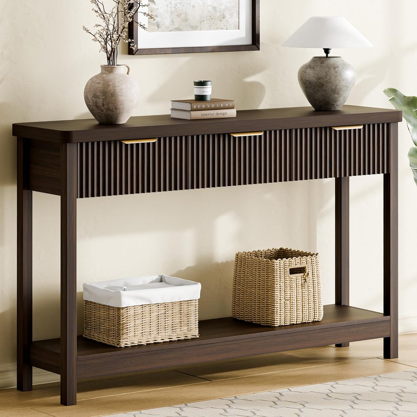 Lulive 51" Fluted Console Table for Entryway, Entryway Table with 3 Wooden Drawers, Farmhouse Behind Sofa Table for Living Room, Hallway, Couch, Foyer