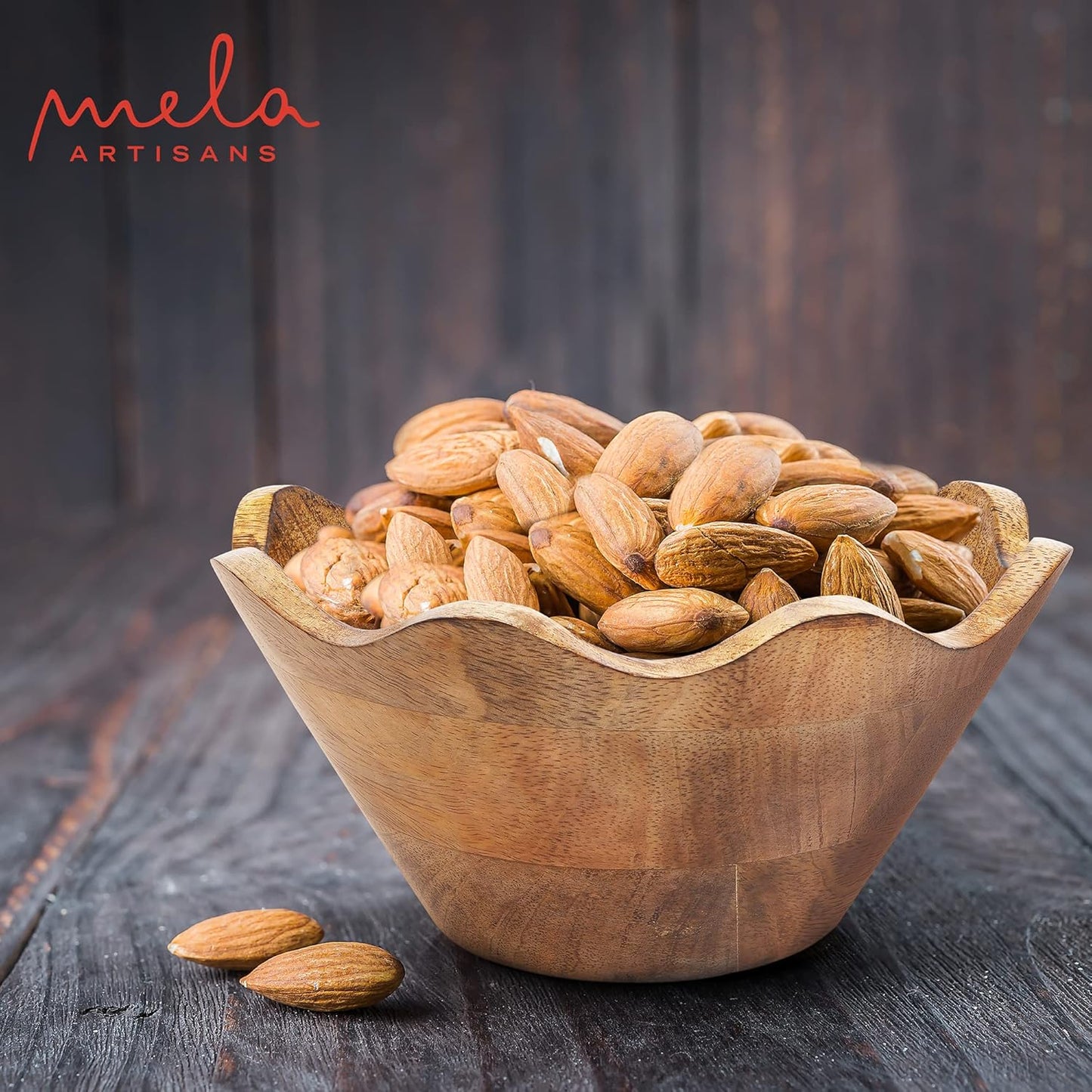 Mela Artisans Wooden Scalloped Bowl - Small | Ruffle Decorative Style | Rustic Kitchen Decor | Mango Wood | Natural Grain Finish | Fits Bread, Fruits, Salad or Popcorn | 8” x 4” x 7”