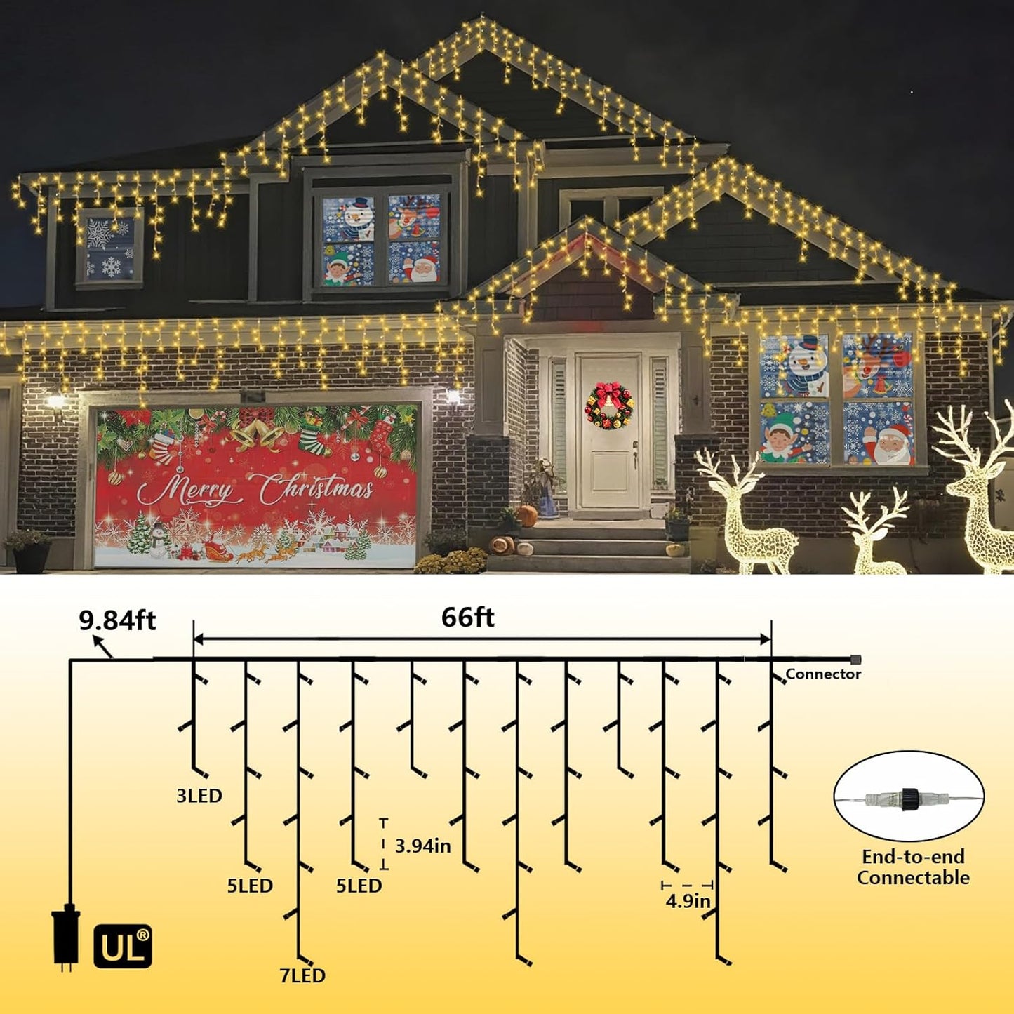 QITONG 800 LED Icicle Lights Warm White