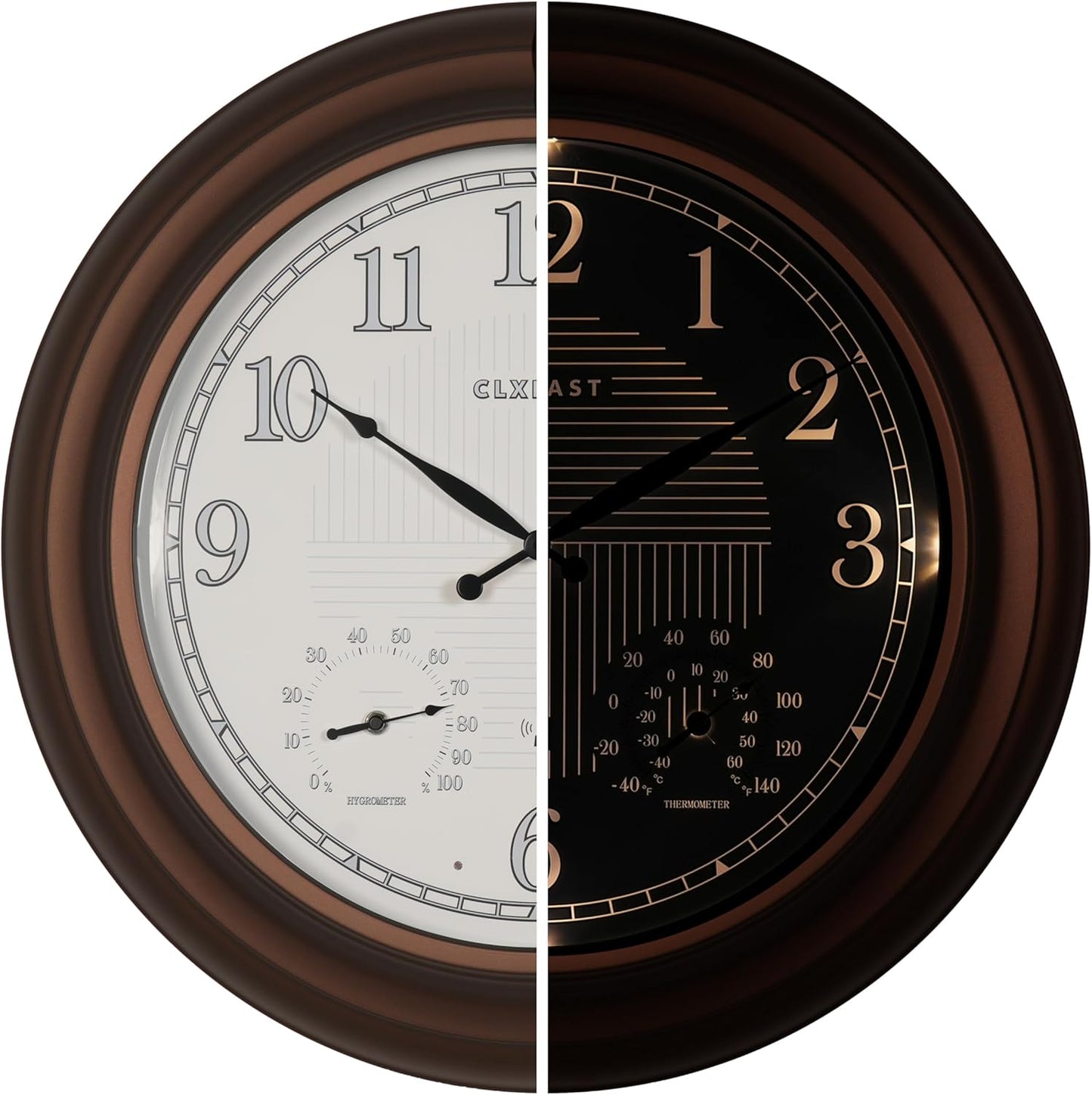 CLXEAST 24 Inch Illuminated in/Outdoor Lighted Atomic Analog Wall Clock with Thermometer & Hygrometer, Oversized Large Waterproof Wall Clocks for Living Room Decor,Bronze Finish