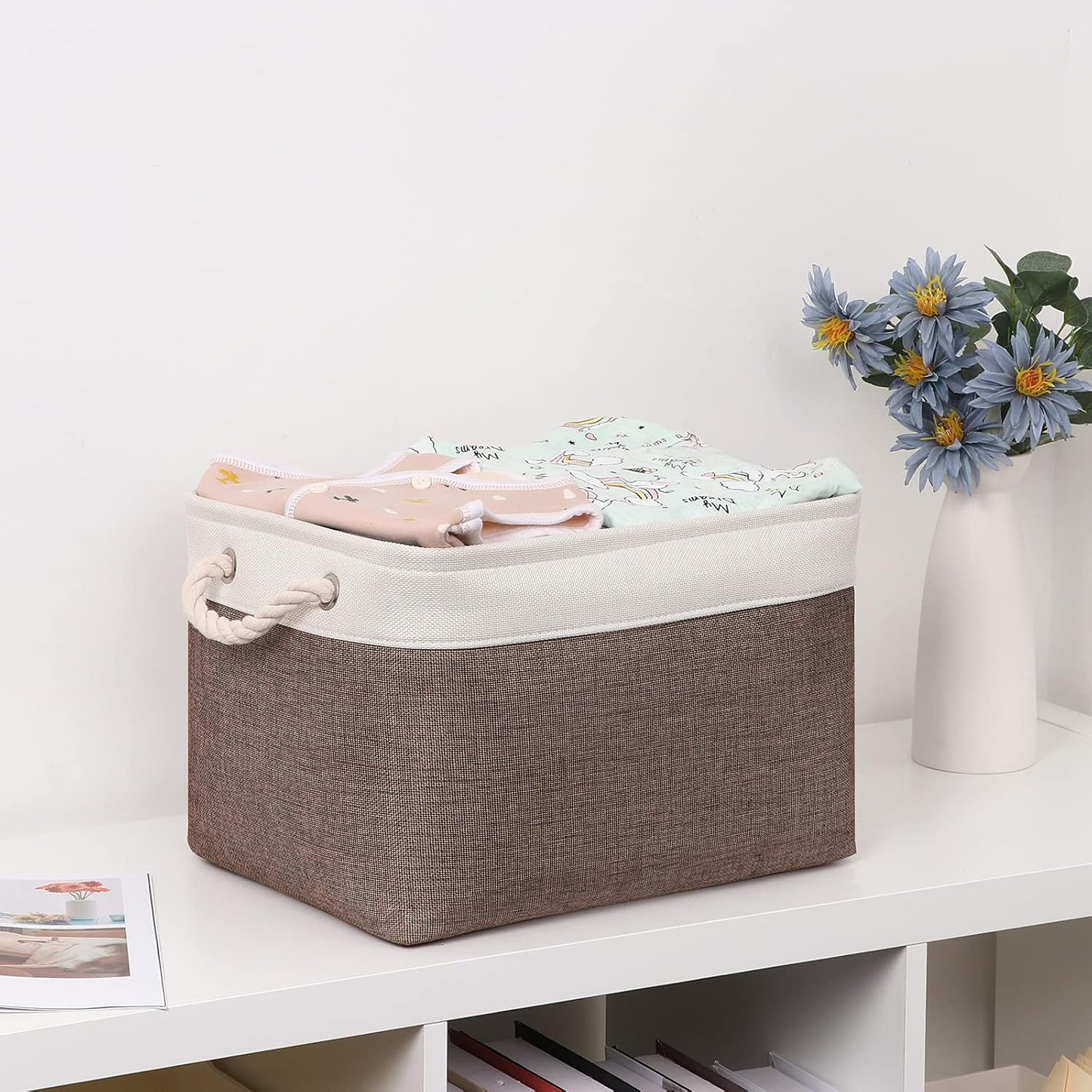 Bidtakay Baskets Fabric Storage Bins for Shelves [3-Pack] Decorative Storage Baskets for Organizing 15 X 11 X 9.5 inches Nursery Closet Foldable Toy Storage Closet Organizer Brown