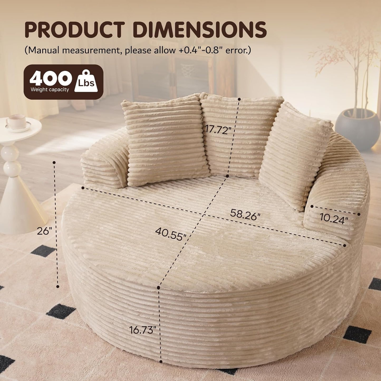 ovios 58" Oversized Round Chair Lounge Chaise Indoor, No Assembly Required, Cloud Large Circle Chair with Plush Fuax Fur, Fluffy Modern Sleeper Sofa Bed for Reading Yoga, Beige (Plush Corduroy Fabric)