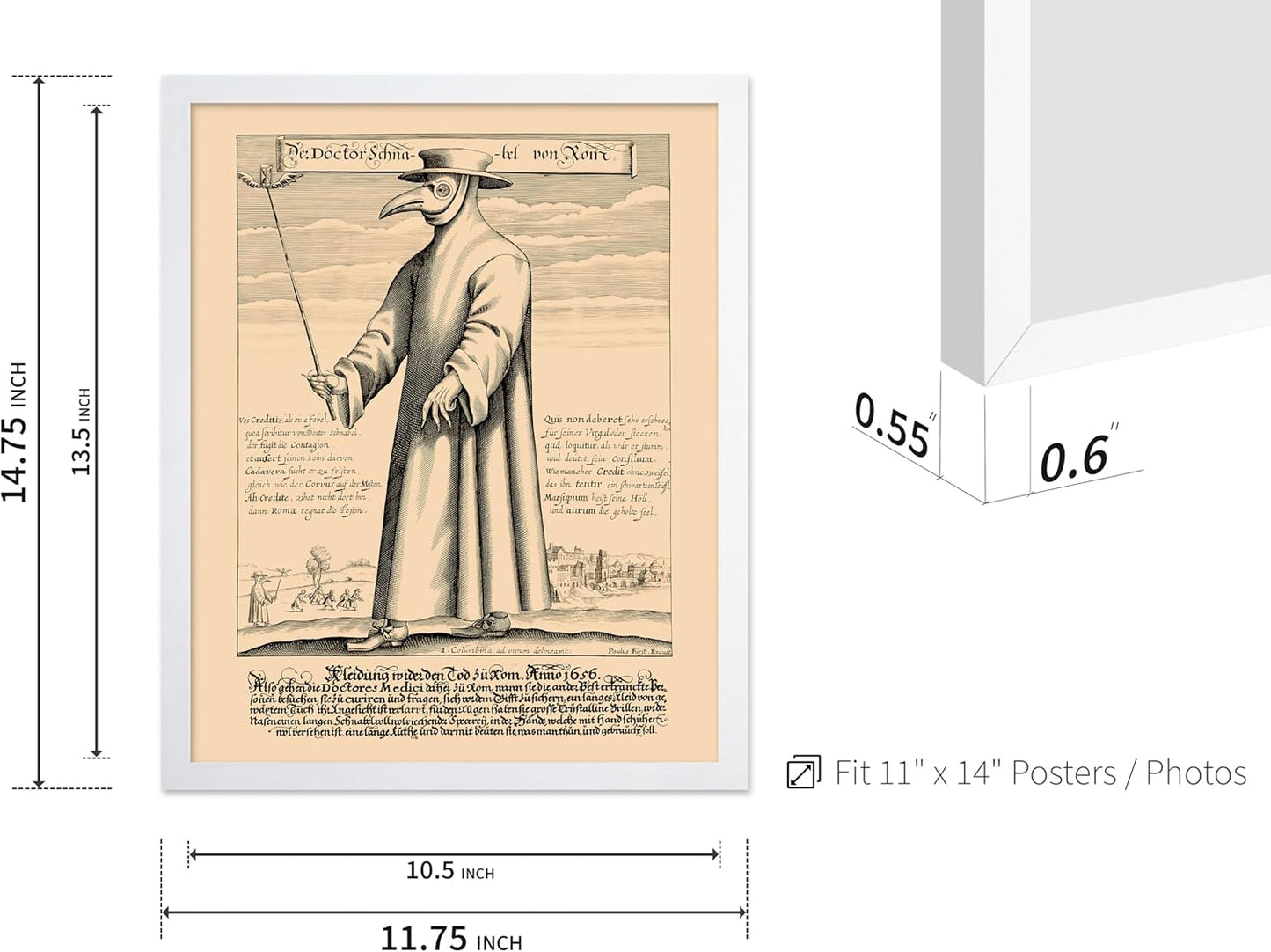 Poster Master Vintage Medieval Poster - Retro Illustration Print - Gift for Friend - Plague Doctor, Pandemic Mask, Physician, Black Death - Wall Decor for Home, Living Room, 11x14 White Framed