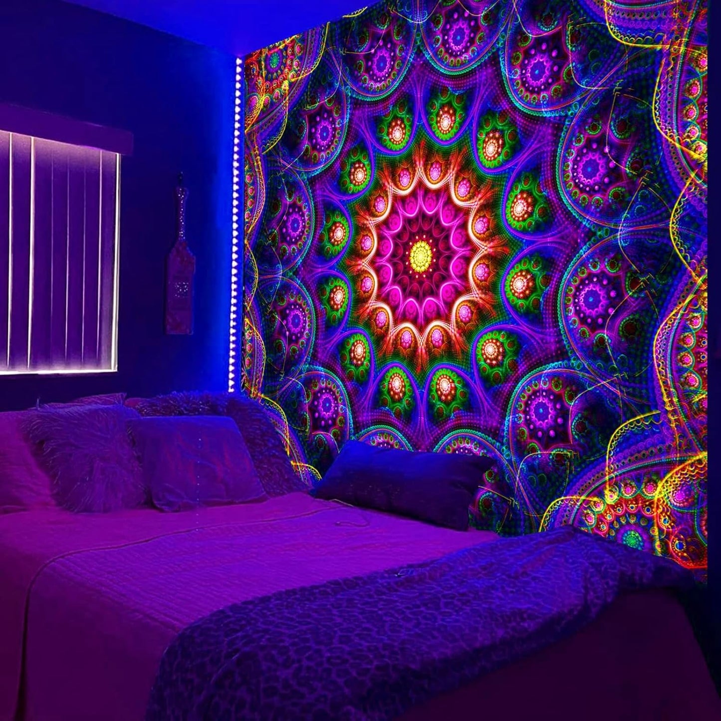 Blacklight Trippy Mandala Tapestry, Boho Black Light Posters for Adults UV Reactive Room Decor for Bedroom Wall (60 x 50 Inches)