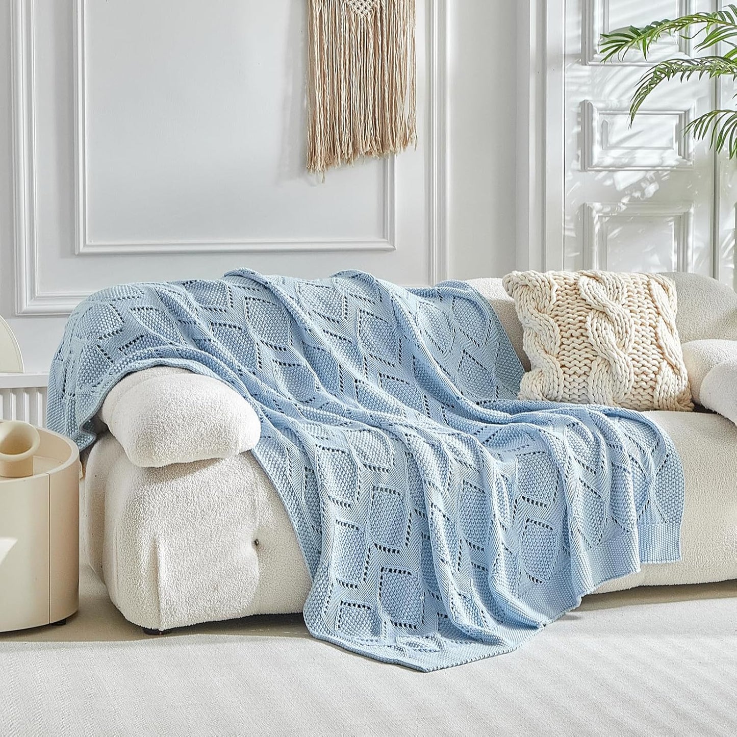 Longhui bedding Chunky Cotton Knit Throw Blanket for Couch, Sofa, Bed, or Chair, Decorative Breathable Fall Cable Knit Blanket 60 x 80 Inches, Light Blue