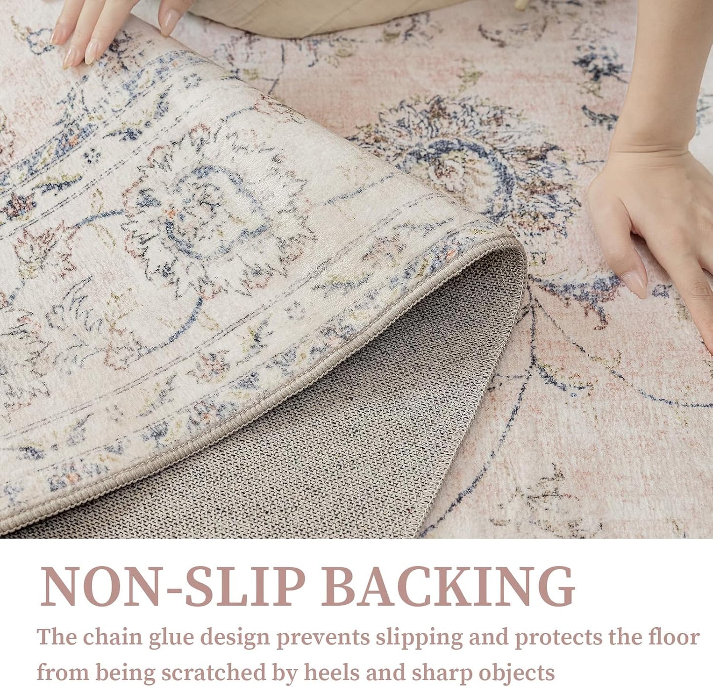 5'x7' Vintage Floral Rug - Persian Inspired Low-Pile Faux Wool Area Rug, Non-Slip Washable Rug for Bedroom, Nursery, Dorm, Soft Pink Boho Chic Decor