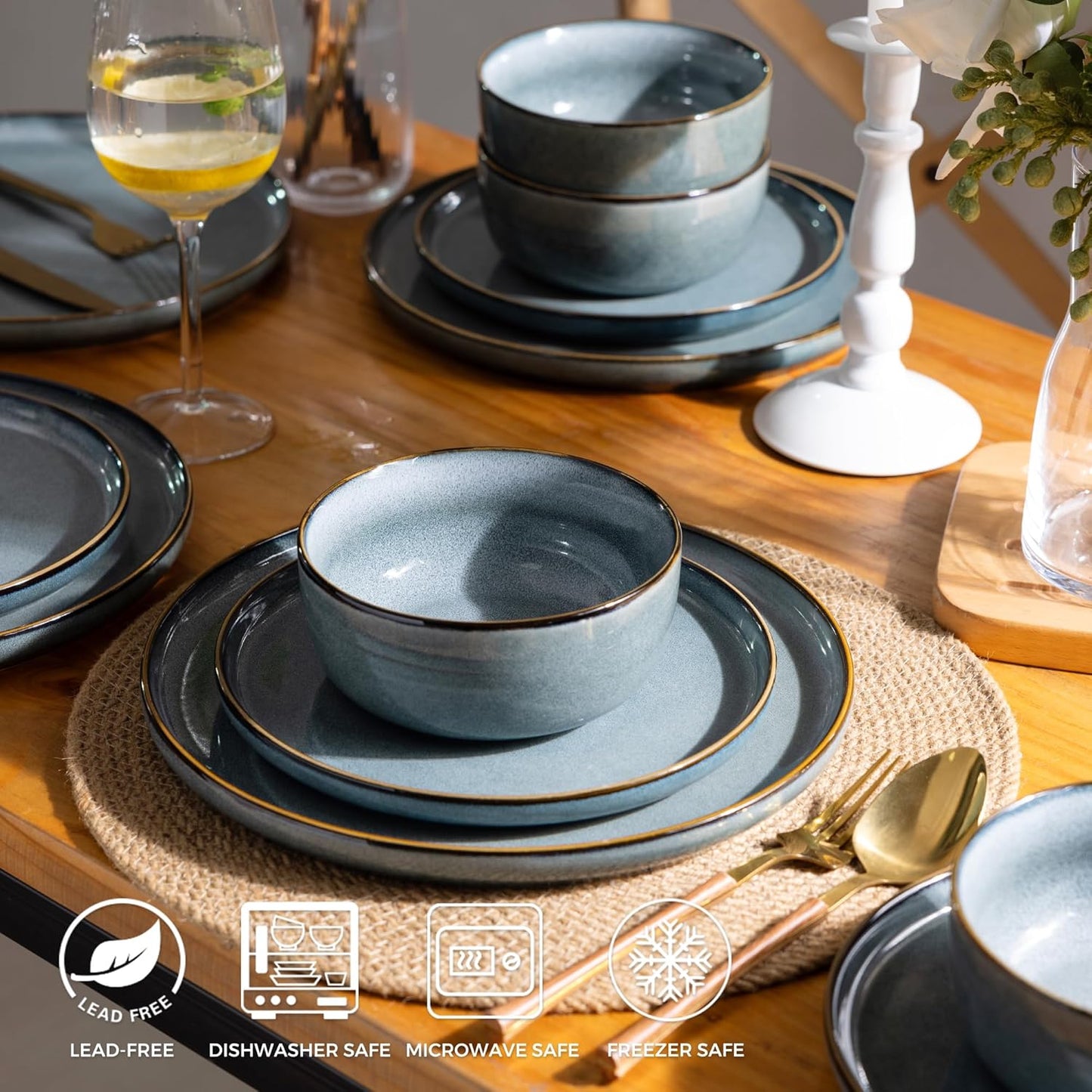 GBHOME Ceramic Dinnerware Sets for 12, 36 Pieces Stoneware Plates and Bowls Sets, Reactive Glaze Dishes -Scratch Resistant, Dishwasher&Microwave Safe, Space Blue