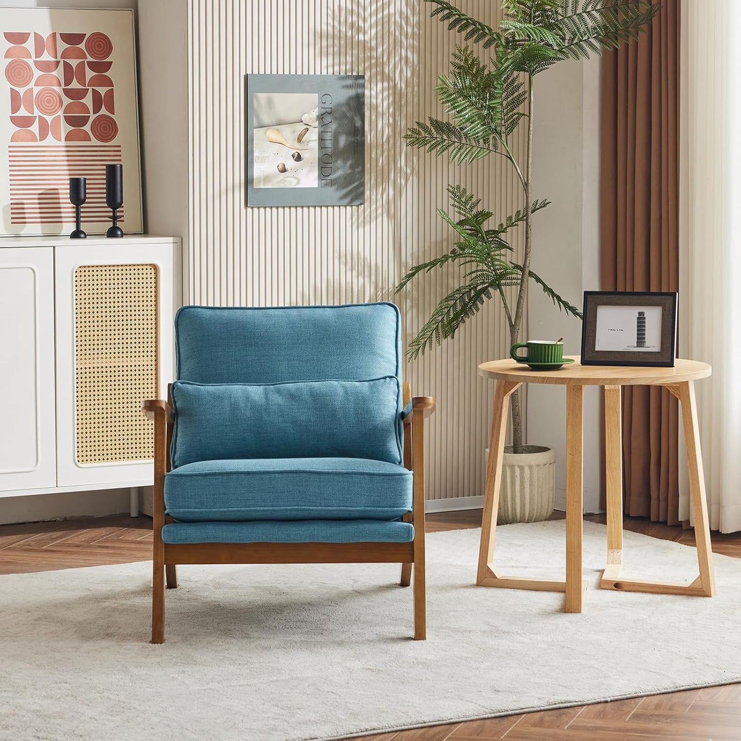 Karl home Accent Chair Wide Armrest Mid-Century Lounge Chair Linen Fabric Armchair with Lumbar Pillow & Solid Wood Frame for Living Room, Bedroom, Balcony, Cyan-Blue