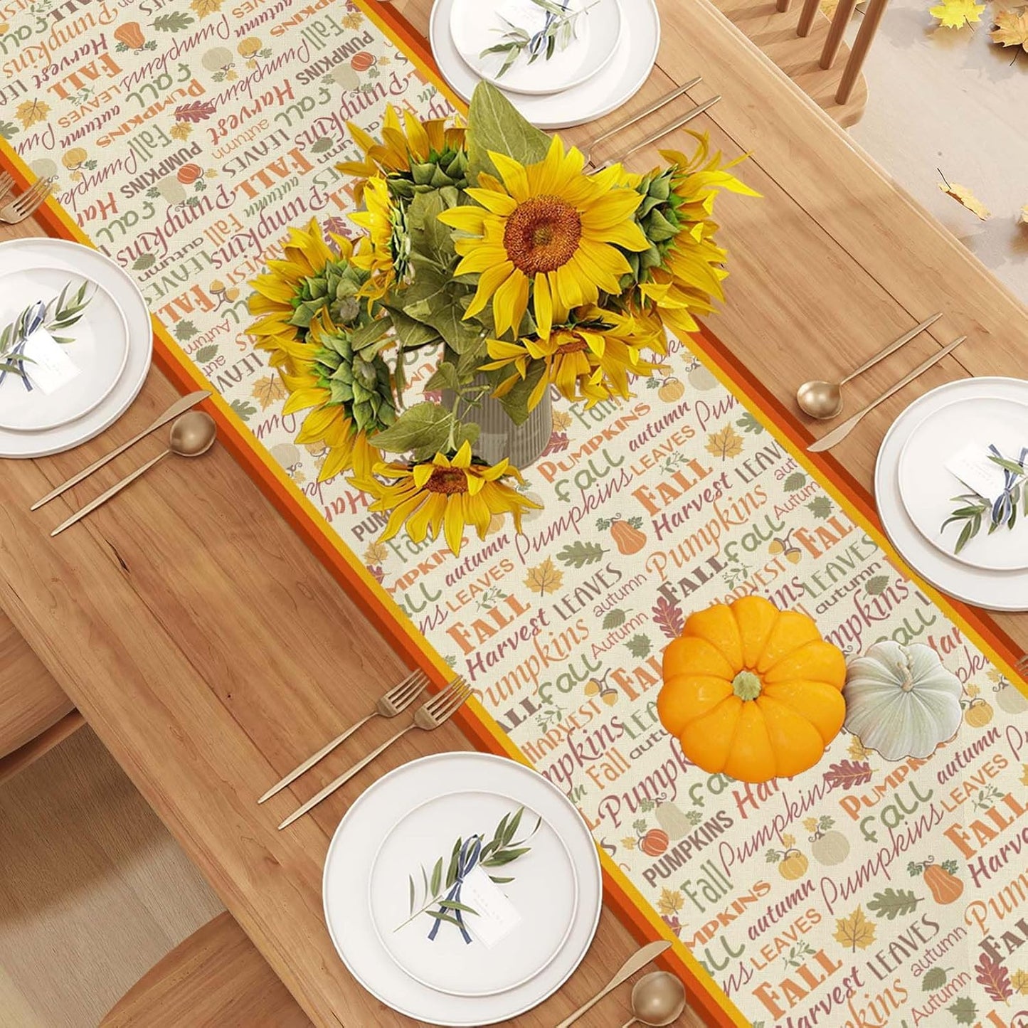 Linen Fall Table Runner - 120 Inch Farmhouse Leaves Pumpkin Table Decor - Autumn Thanksgiving Home Kitchen Dining Room Decorations