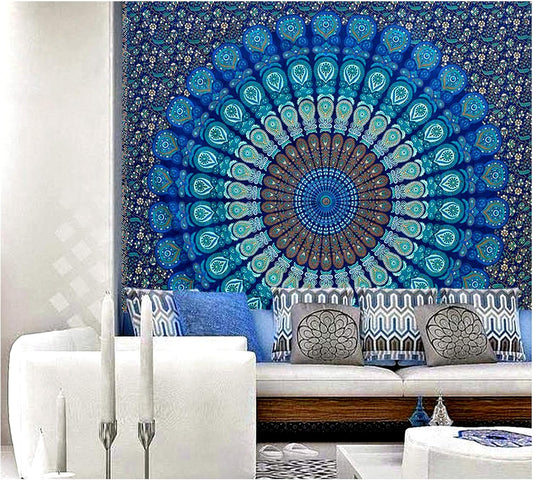raajsee Turquoise Blue Tapestry- Best Mandala Wall Hanging- Bedding Tapestry For Bedroom Aesthetic-Size TWIN 140 X 210 CMS