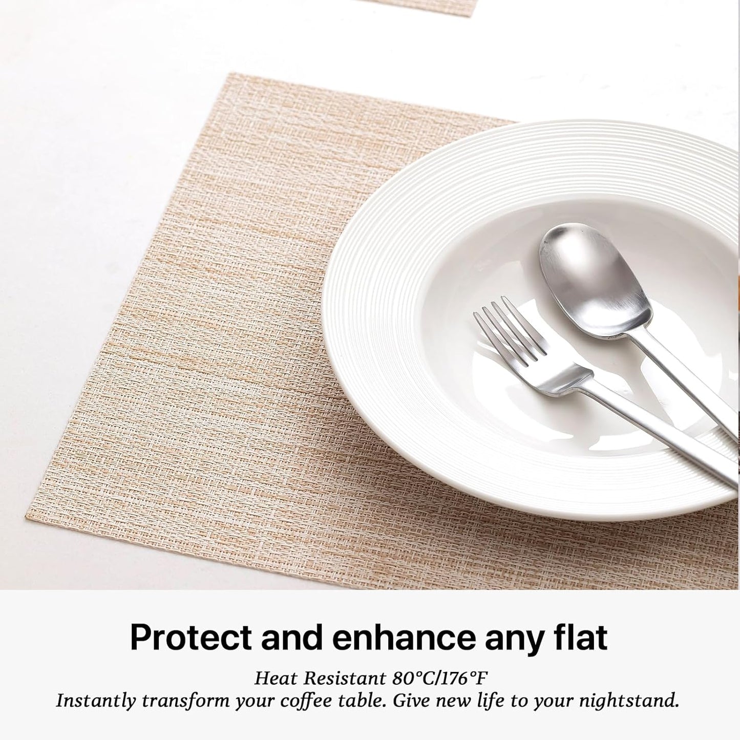 LEXMORE Placemats Set of 4 Vinyl/Plastic Woven Place Mats for Kitchen Table Indoor/Outdoor Washable Placemat Wipeable Dining Table Mats(A-Beige)