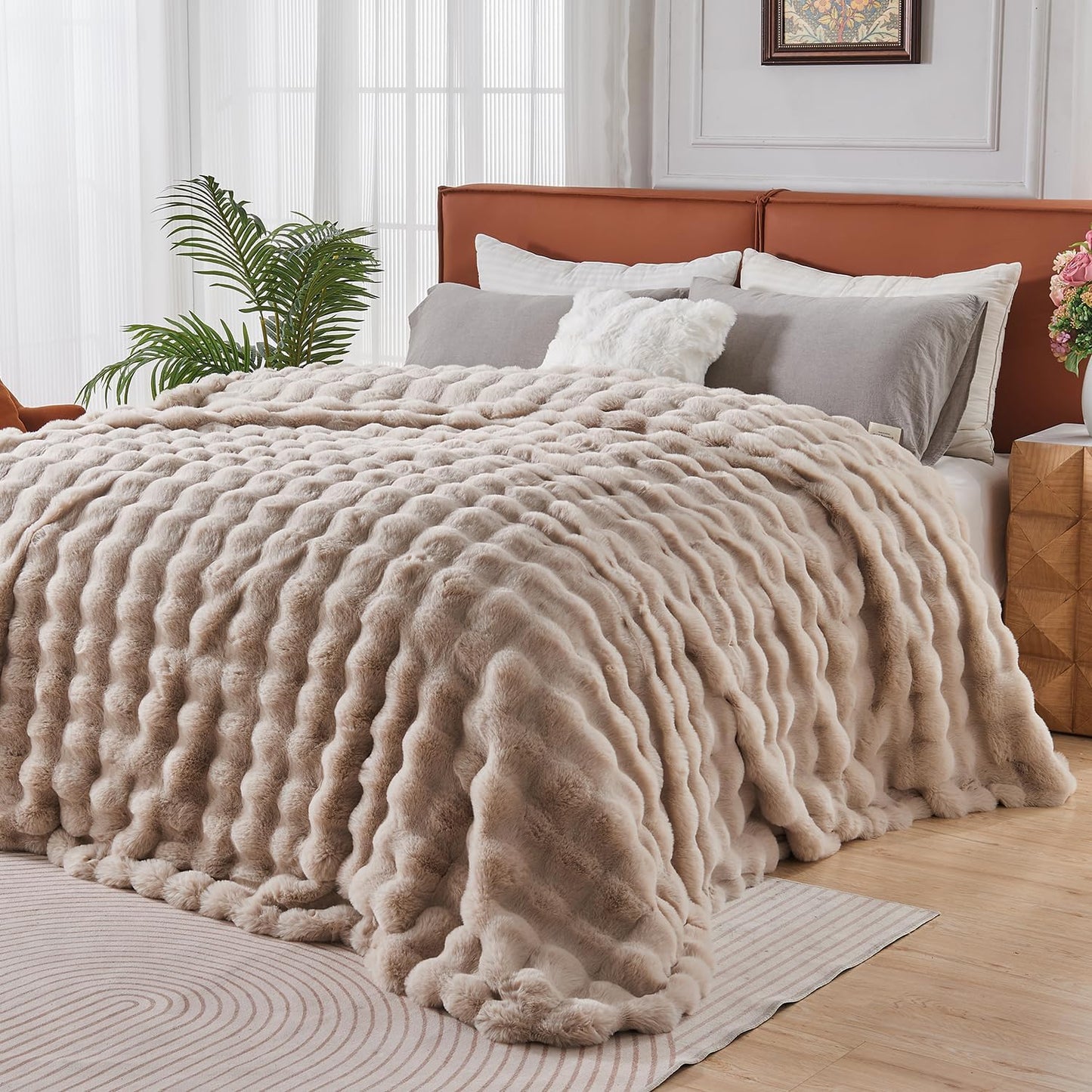 Lotus Karen Faux Fur Throw Blanket Linen - 800 GSM Bubble Rabbit Fluff Blanket for Couch Bed Sofa,Softest Fluffy Fuzzy Cozy Blanket,Thick Furry Plush Shaggy Warm Blankets for Women,108x90 Inches