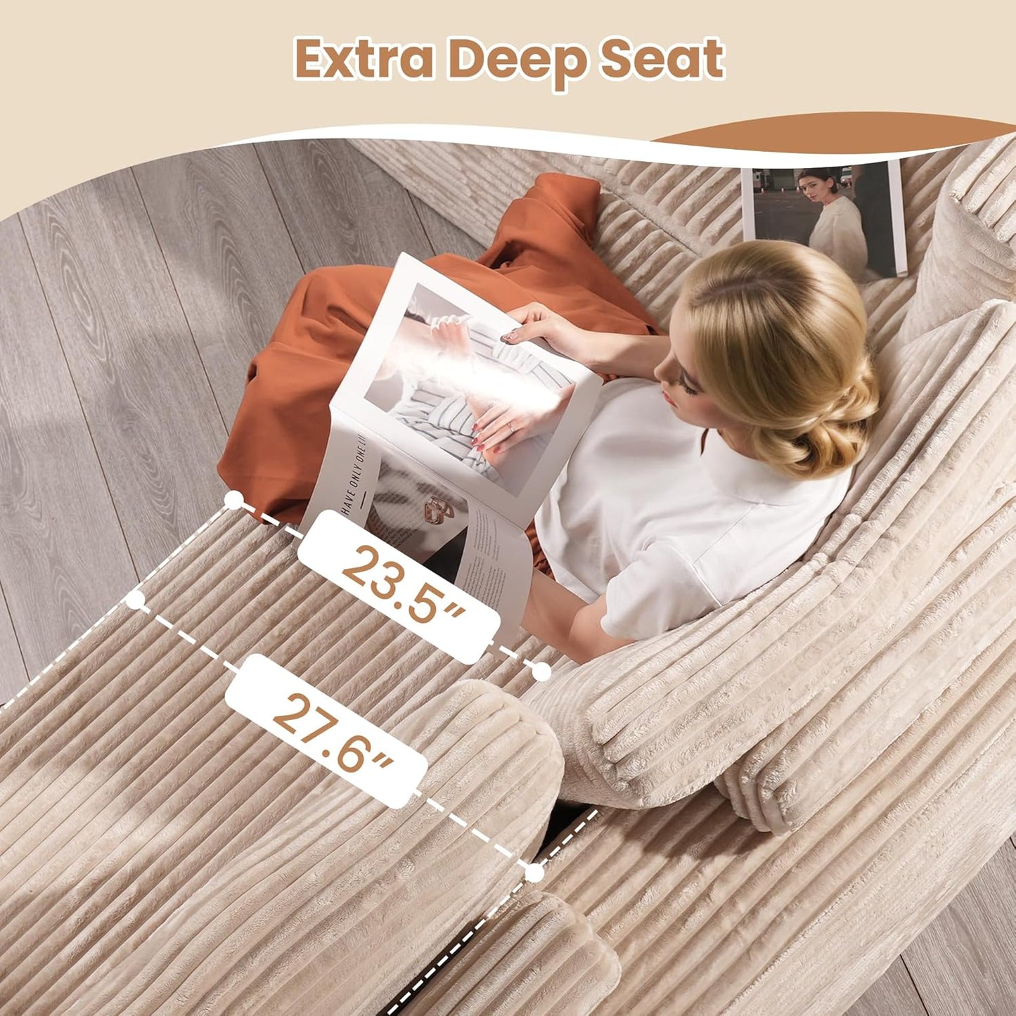 HOOOWOOO Cloud Sectional Couches for Living Room,Modular Sectional Sofa No Assembly,136X133 Inch Plush Corduroy Large G Shaped Floor Couch Set with Deep Seat Chaise Ottoman(Beige)