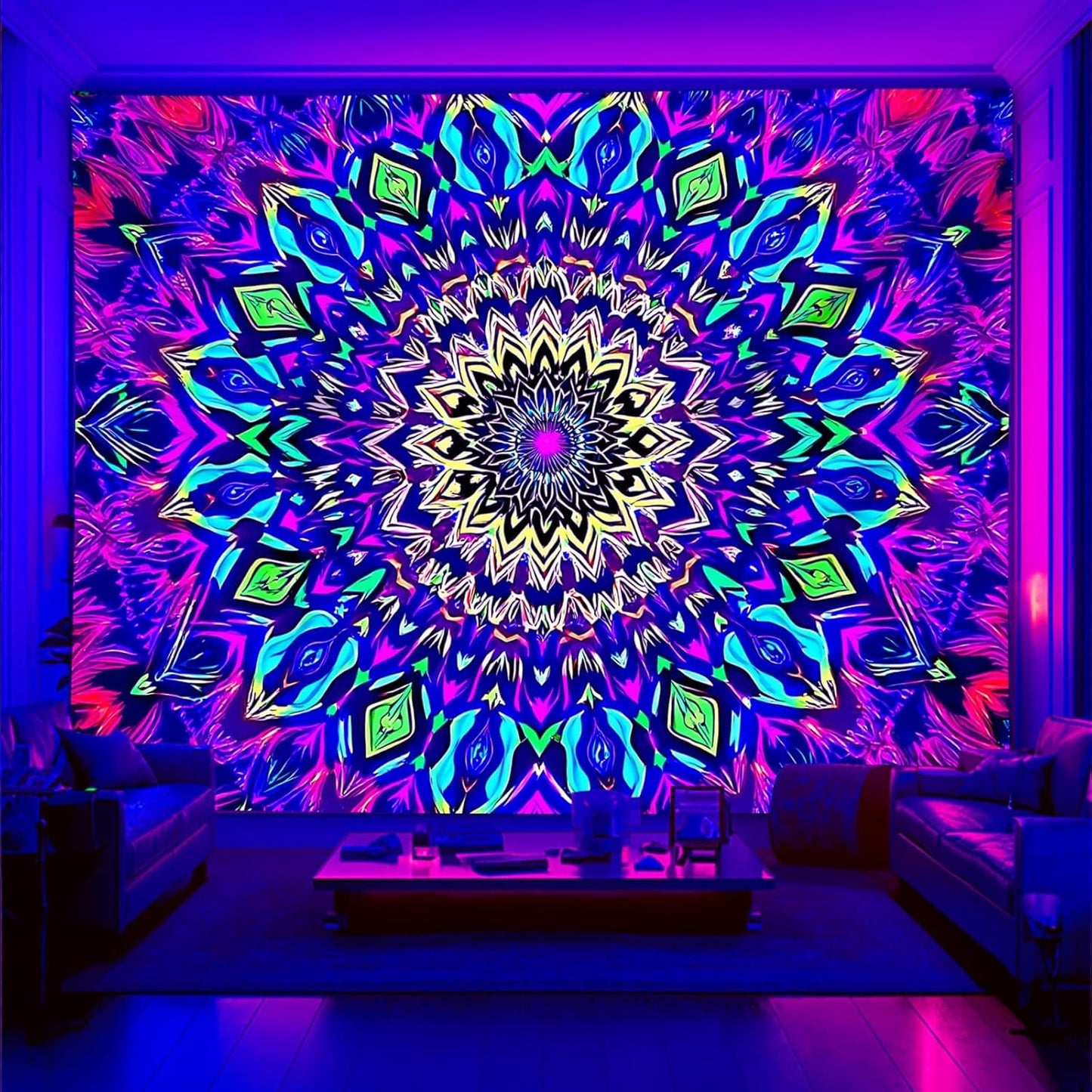 Blacklight Mandala Tapestry for Bedroom, Black Light Posters for Adults and Teens, Colorful UV Reactive Aesthetic Bohemian Wall Art Decor (40 x 30 Inches)