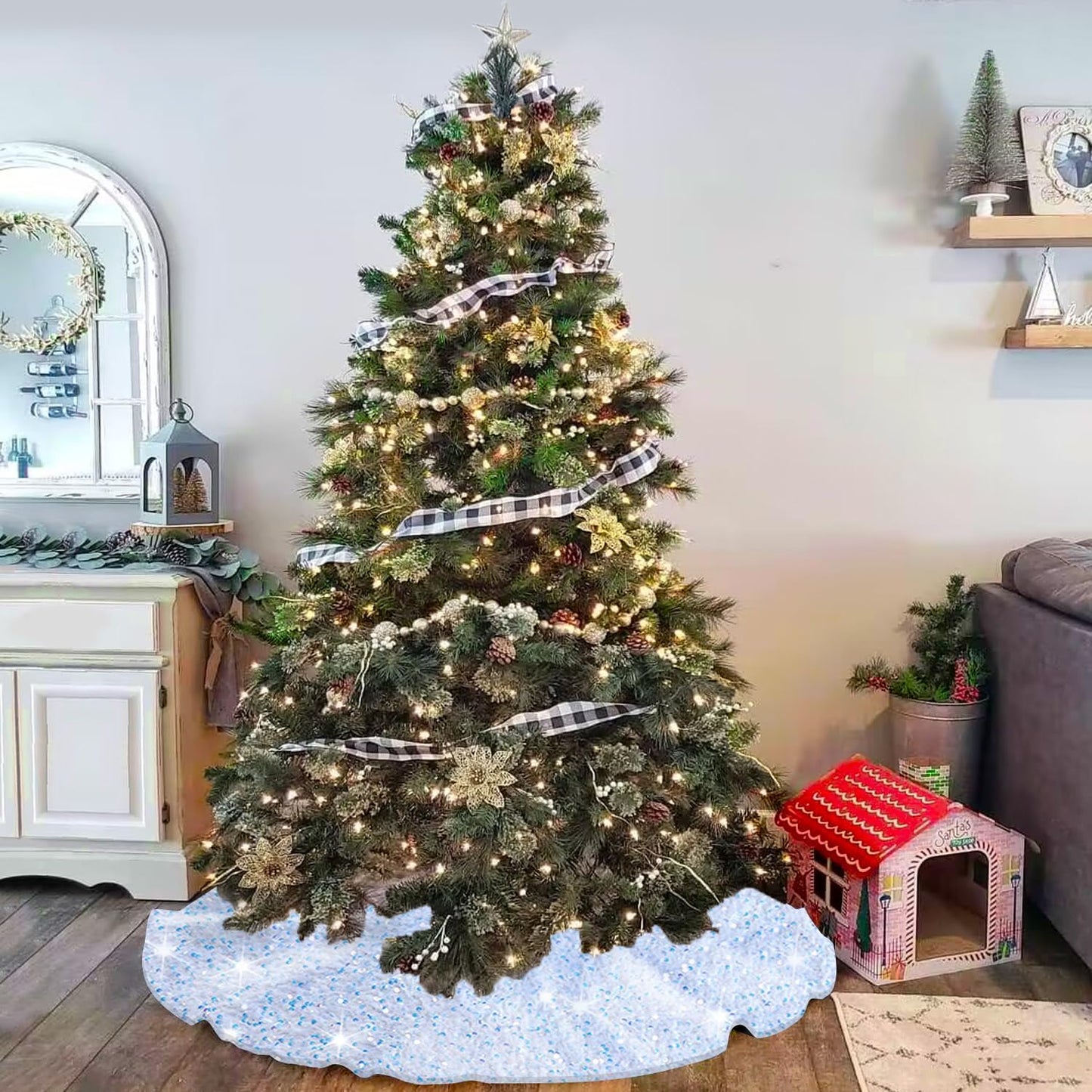 MODFUNS Sequin Christmas Tree Skirt Iridescent White Sparkle Tree Skirt 46 Inch Velvet Xmas Tree Mat Thick Bling Tree Skirt Christmas Decoration Shimmer Tree Cover Skirt for Merry Christmas Party