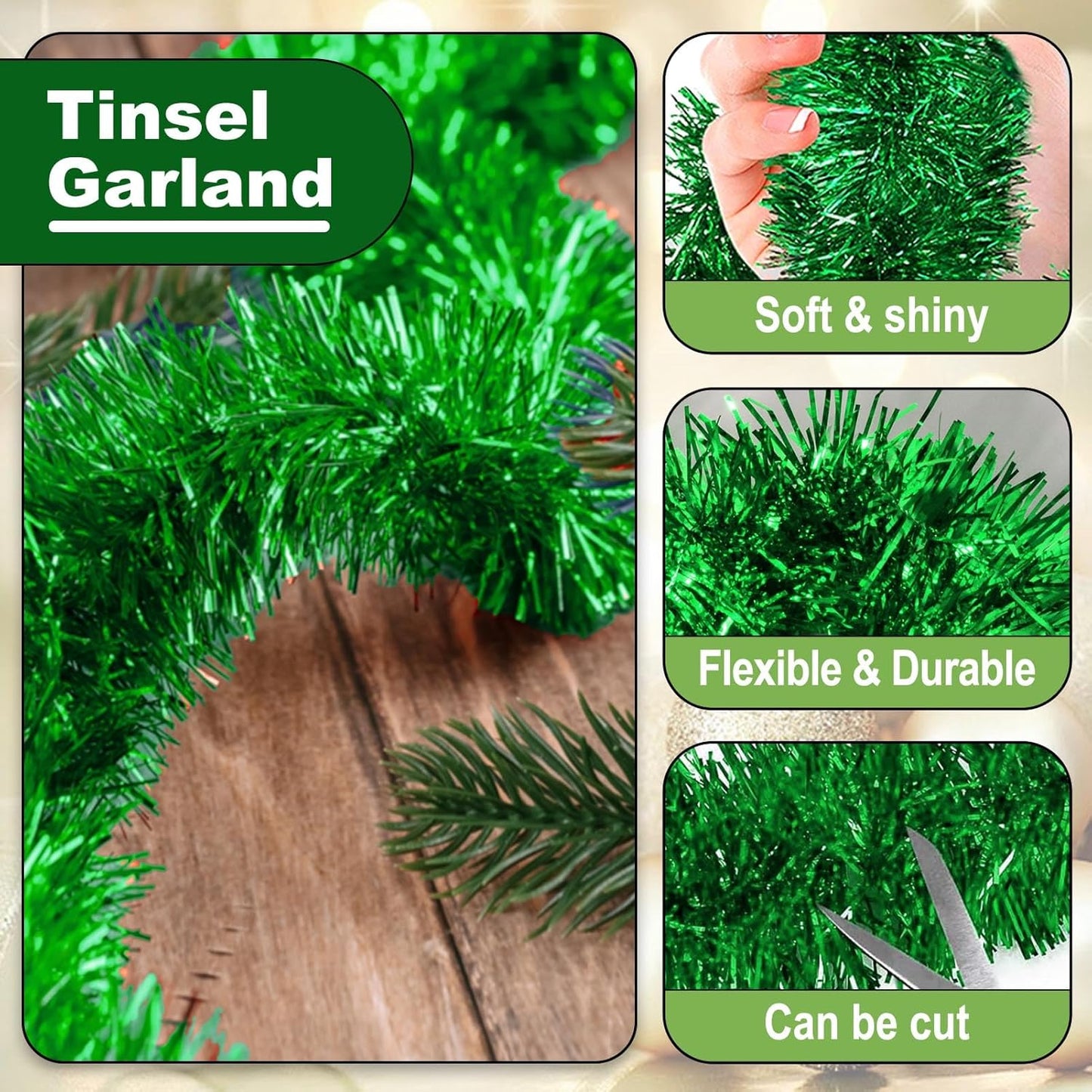 50 Feet Metallic Twist Tinsel Garland Backdrop for Parade Floats, Christmas Eve, New Year, Valentine's Day Party Decorations (Green, 2in x 50ft)