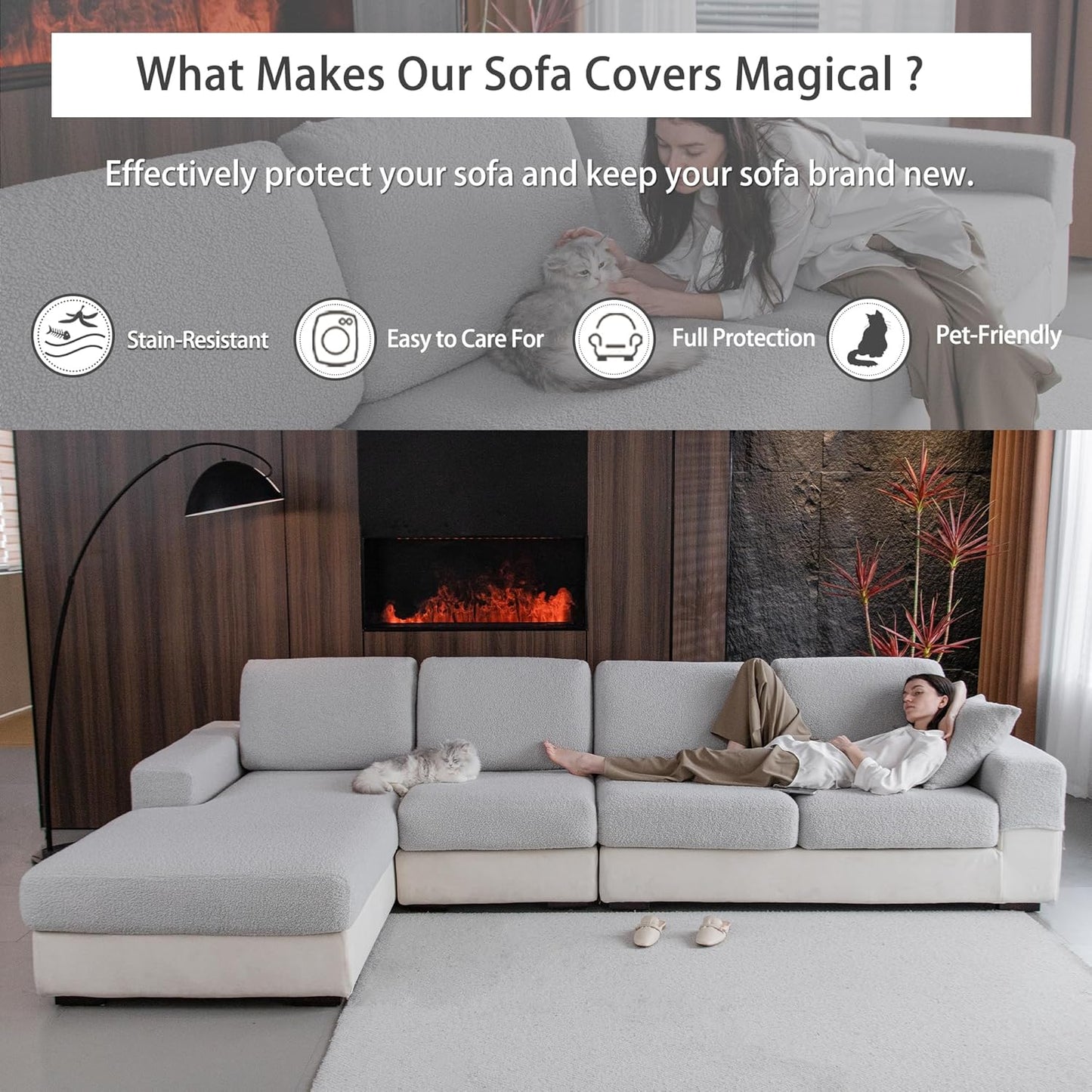 Couch Cushion Covers for Sectional Sofa, Stretch Soft Sofa Slipcovers Washable Wear-Resistant Universal Furniture Protector for Living Room(3 Seaters Covers+1 Chaise Cover, Light Gray)