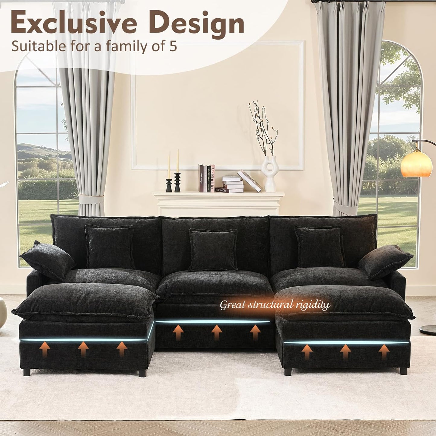 108" U Shaped Couch, Modular Sectional Sofa, 3-Seater Comfy Cloud Couch with Movable Ottoman, Deep Seat Couches for Living Room, Chenille, Black